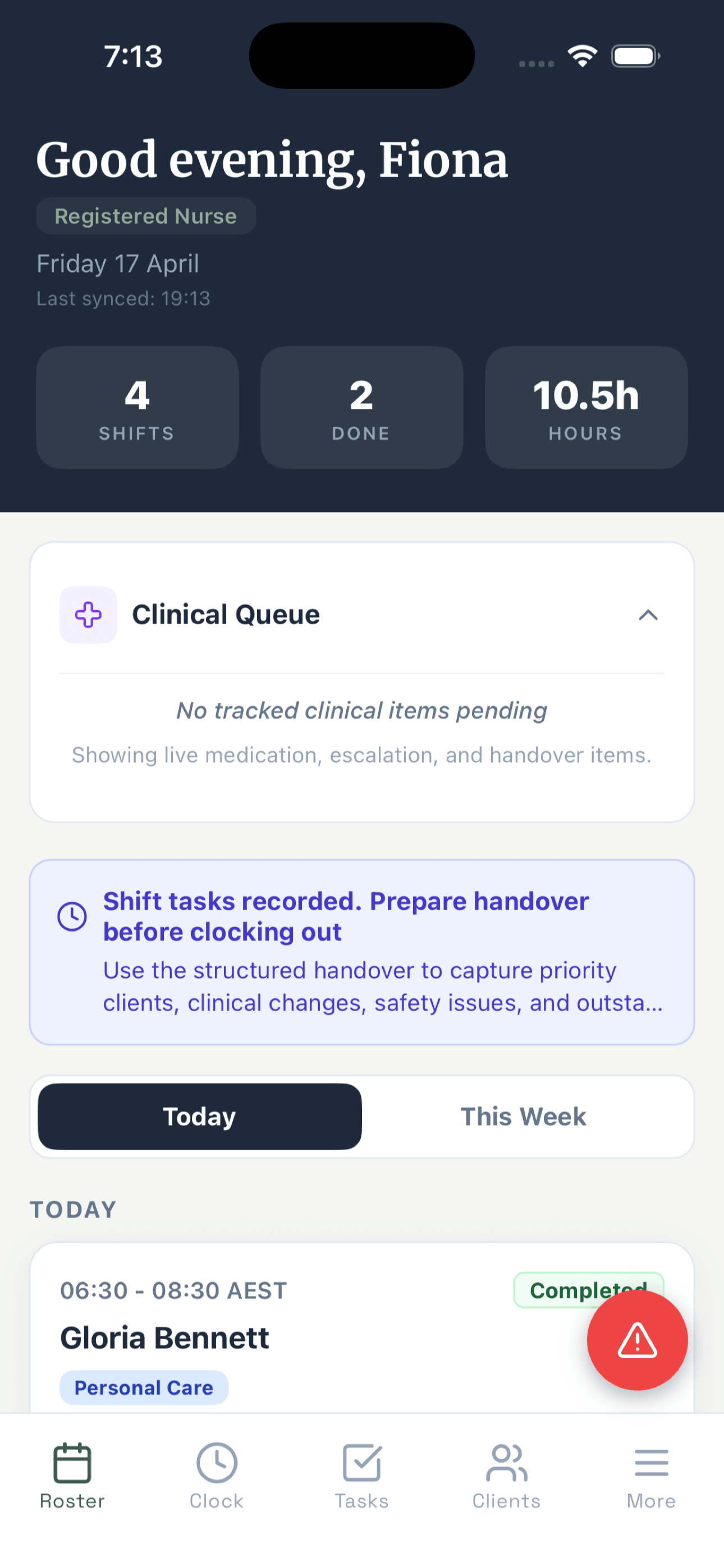 Care worker mobile app roster showing today's aged care shifts and visit tasks