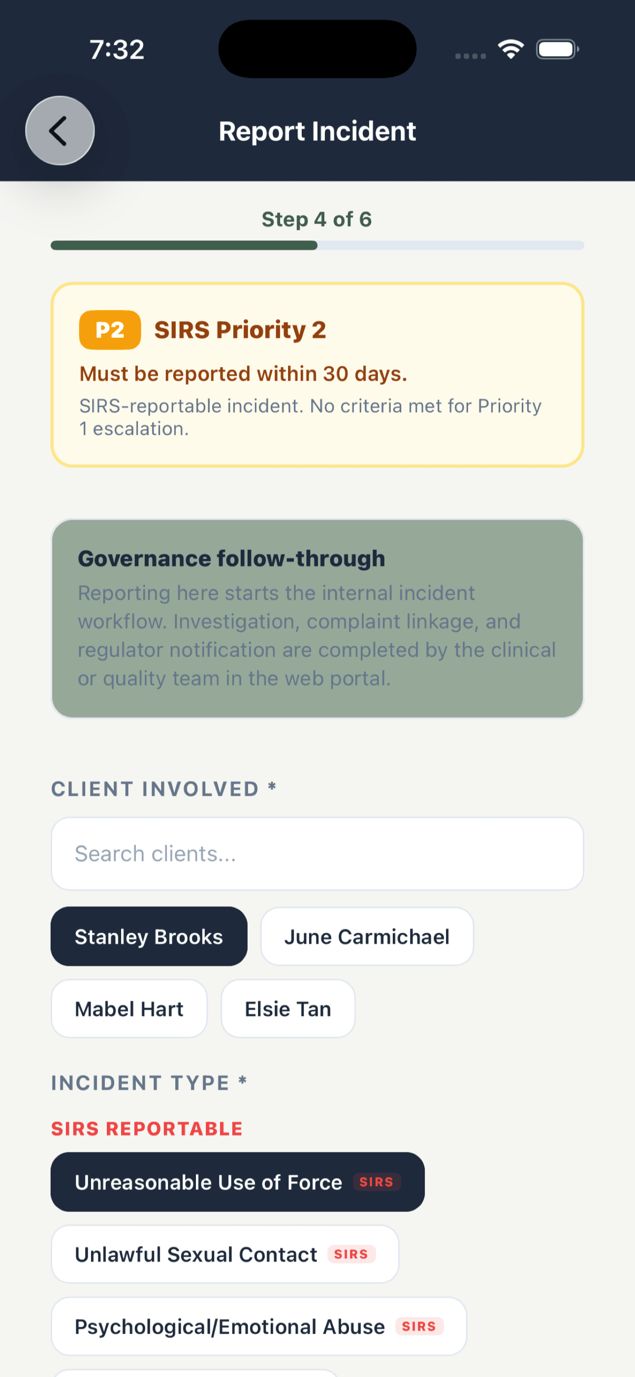 SIRS incident reporting form on the Statura Care worker app
