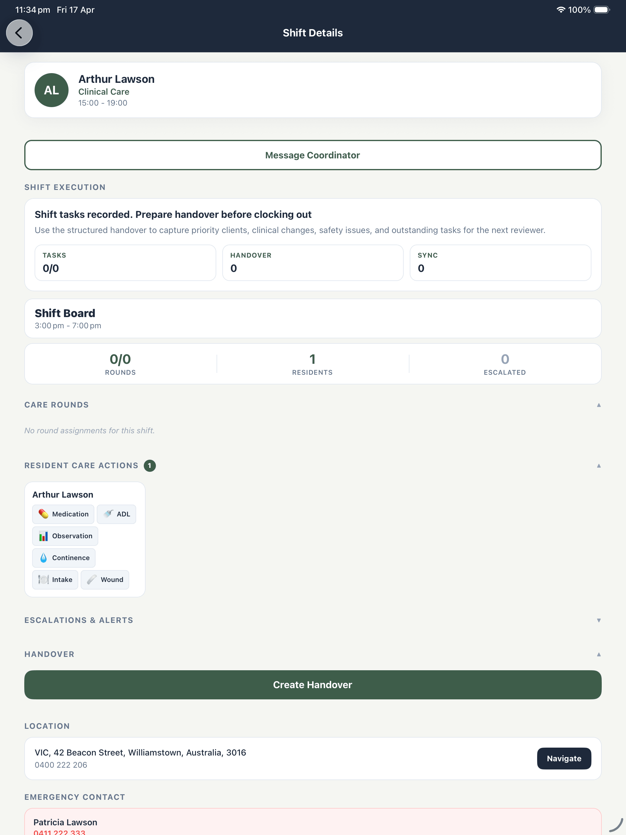iPad shift detail view for home care visits and task completion