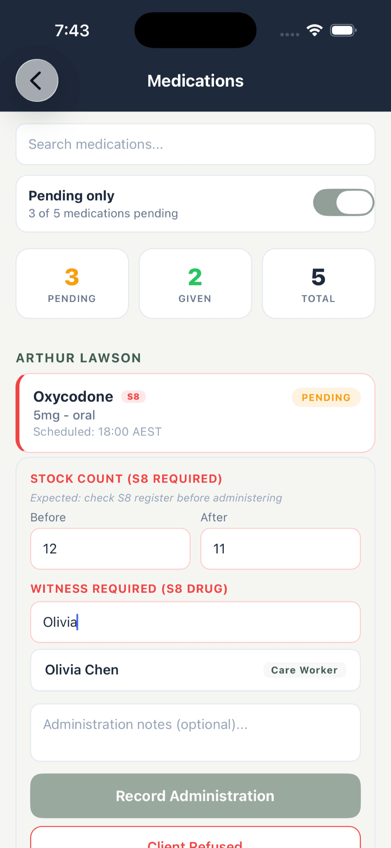 Medication administration screen on the care worker app with regular, PRN and controlled drug workflows