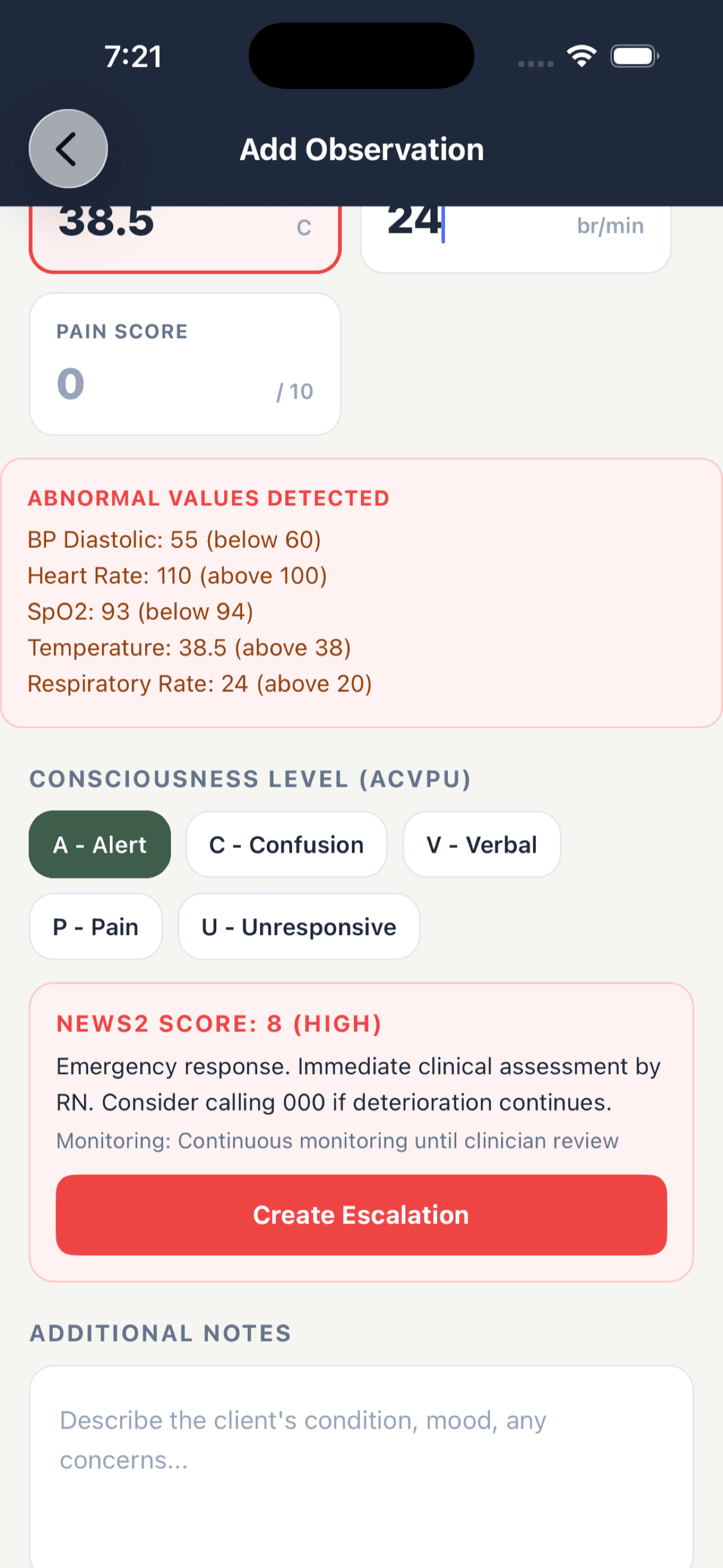 Aged care mobile app observation form capturing vital signs and observations at the point of care