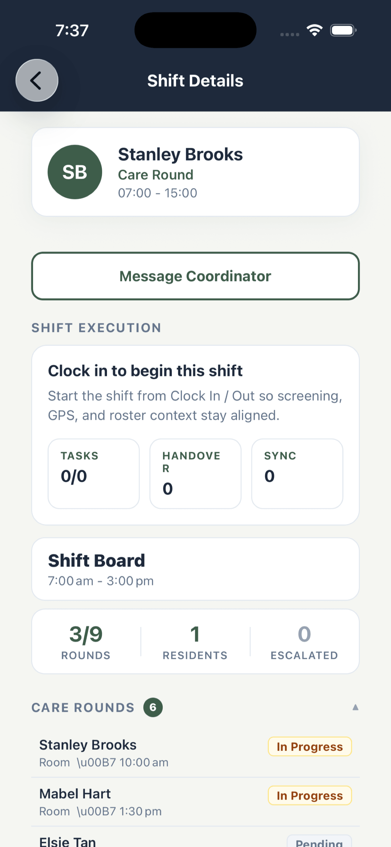 Residential rounds board on the care worker app showing medication, care and observation rounds