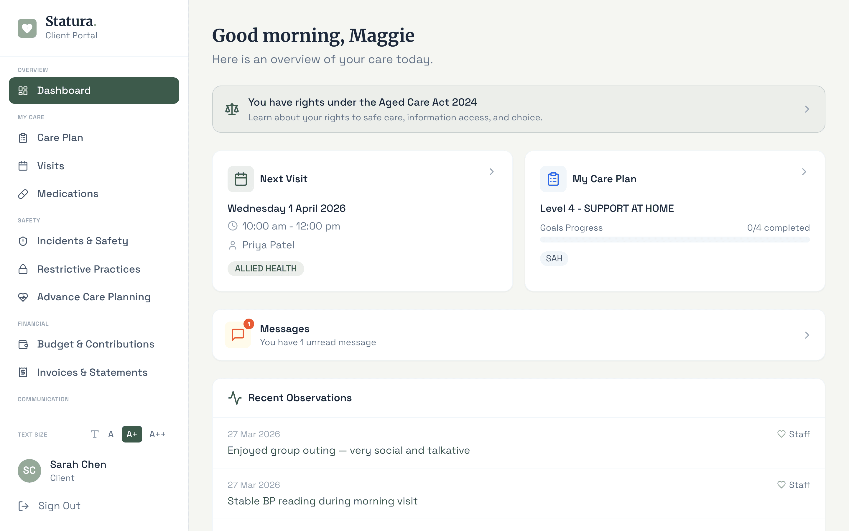 Statura Care Client & Family Portal — dashboard showing next visit, care plan progress, messages, and recent observations