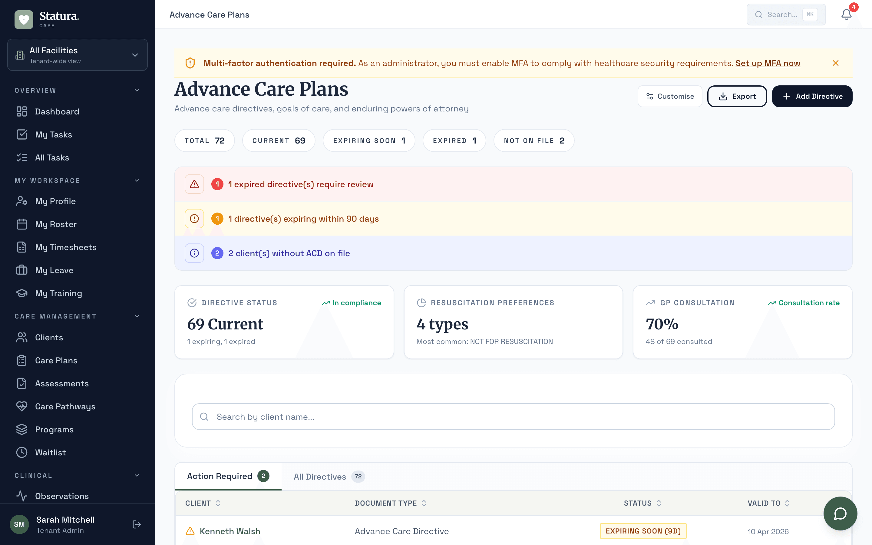 Advance care plan record showing signed, versioned directives linked to the resident's care plan and substitute decision-makers