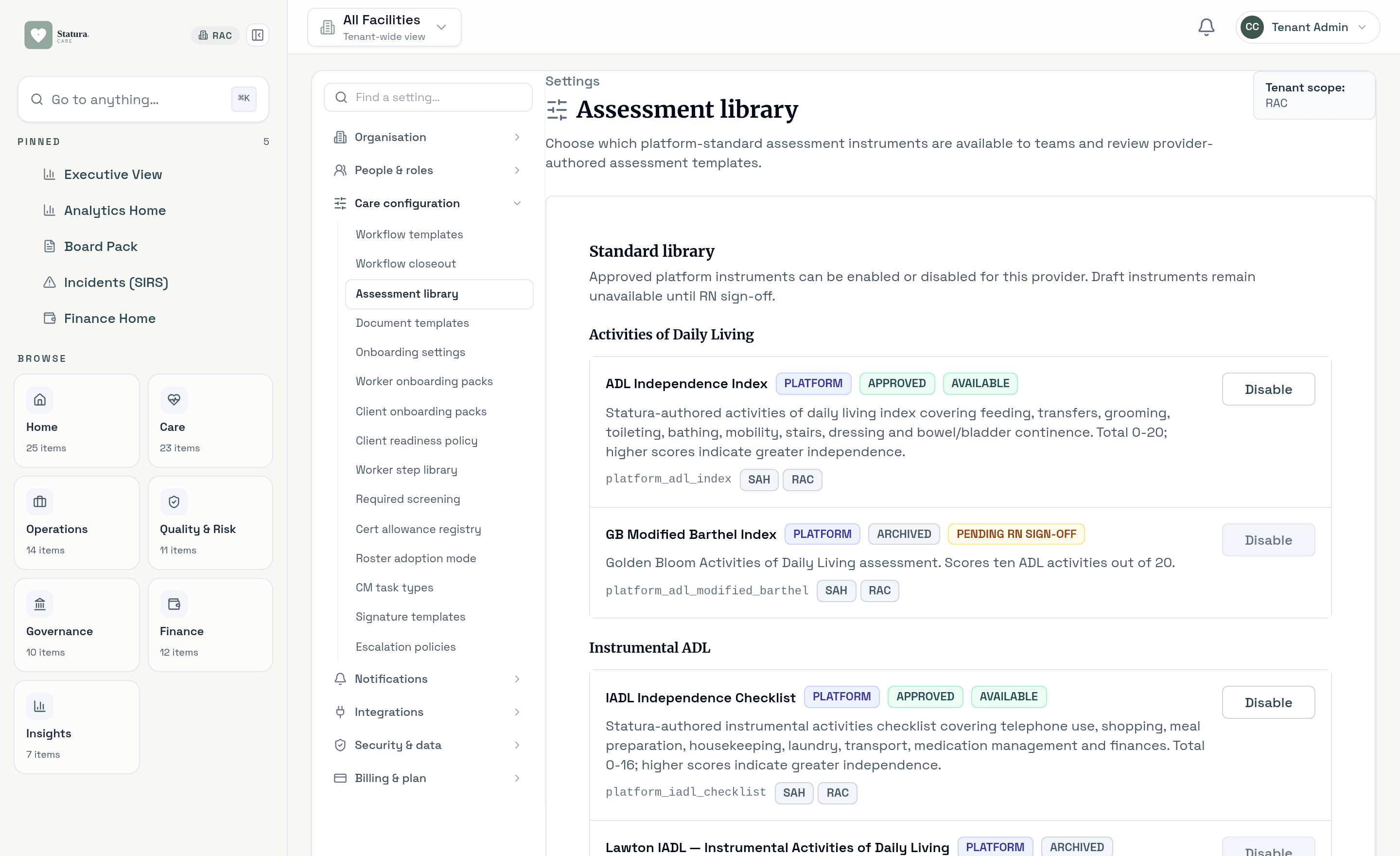 Assessment library of scored clinical instruments with approval states