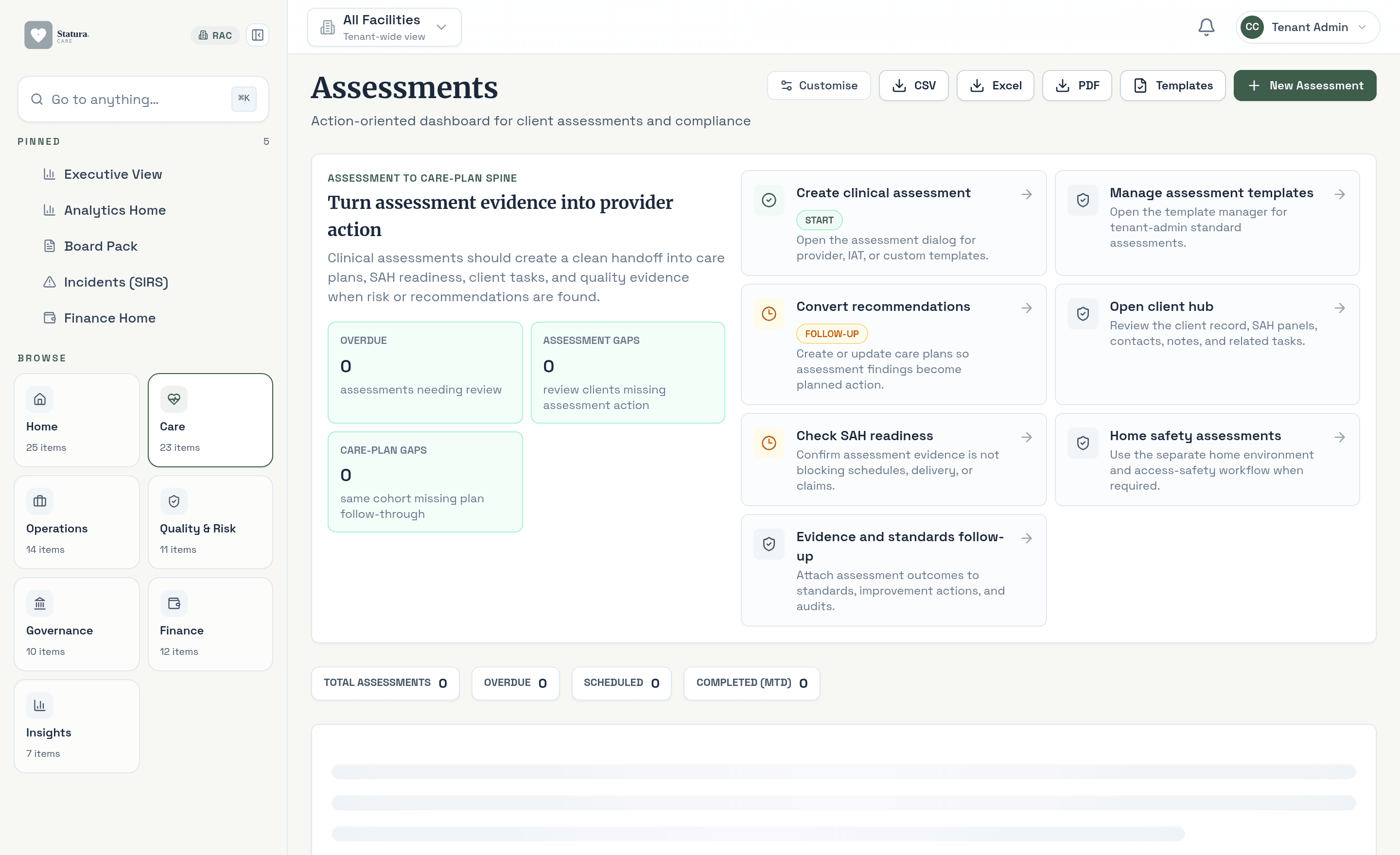 Assessment hub showing overdue, scheduled and completed assessments