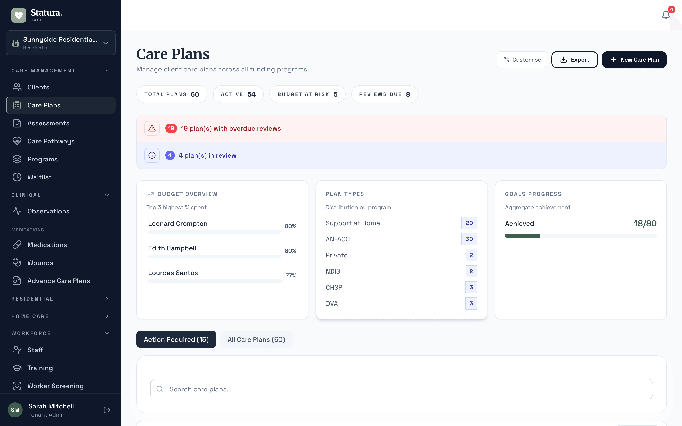 Care pathways screen showing a clinical pathway with staged steps, review intervals and per-resident adherence tracking