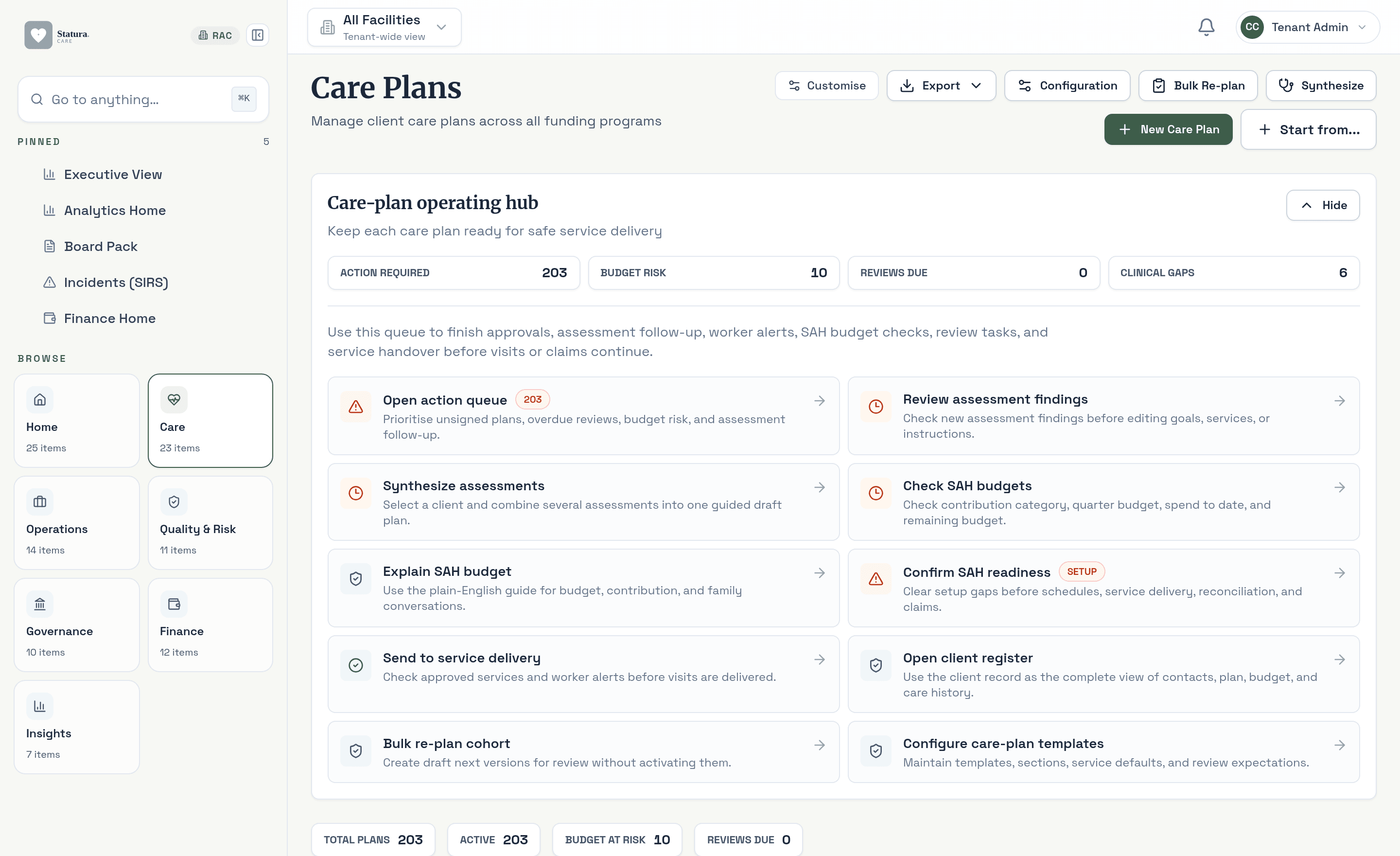Care plans with budget overview, plan types, goals progress, and review tracking