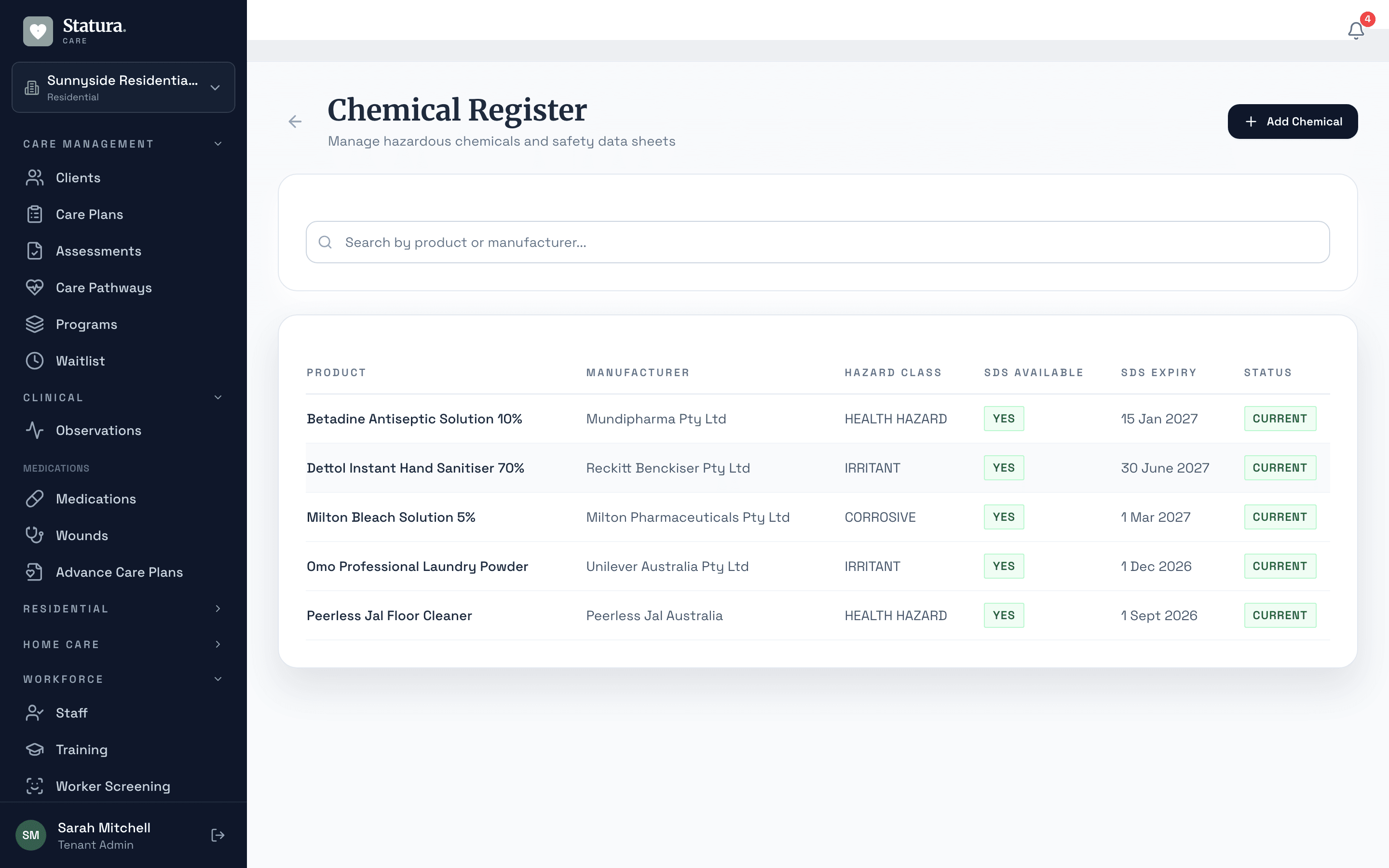 Chemical register with manufacturers, GHS hazard classes, SDS availability, and expiry tracking