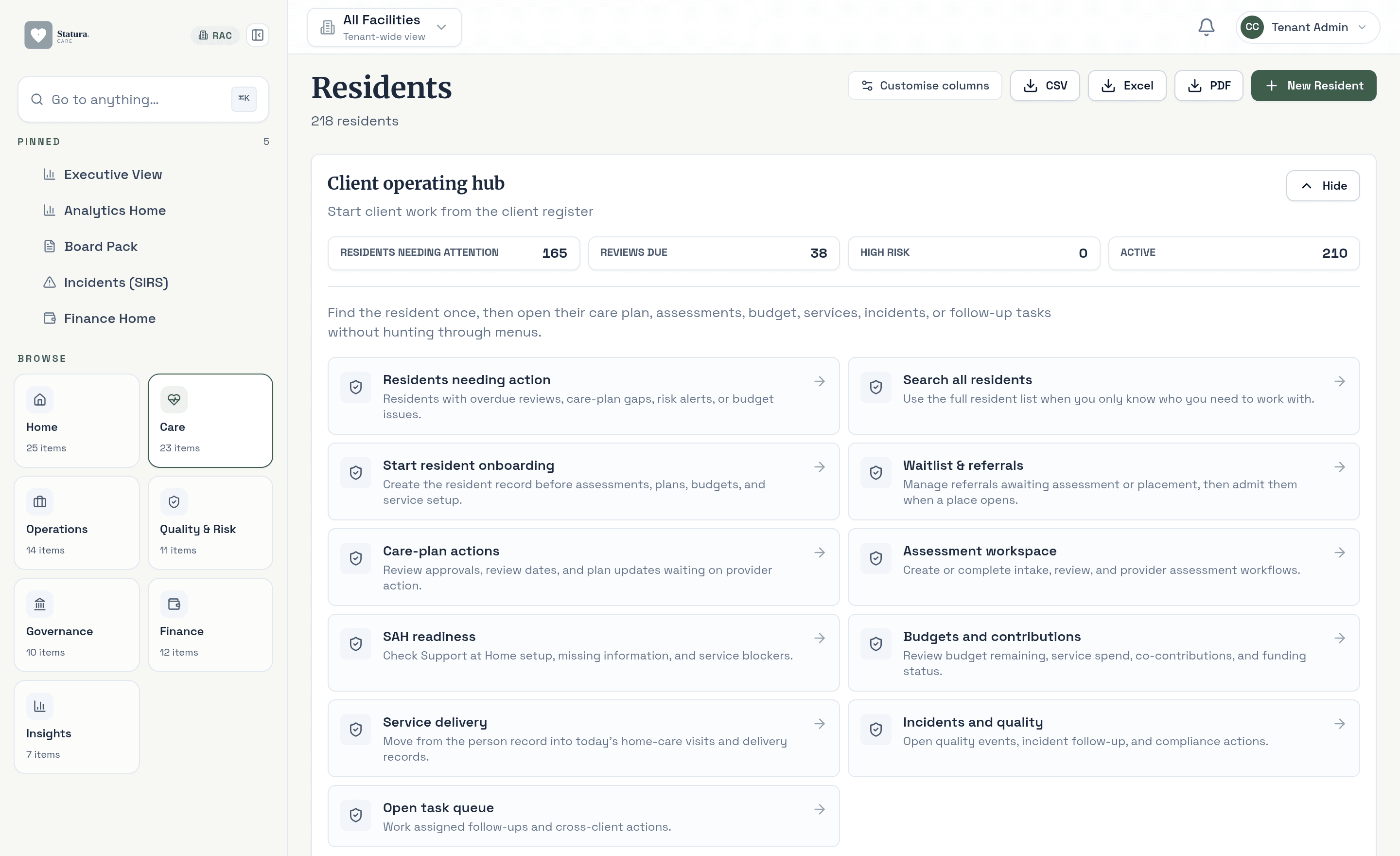 Client registry with risk overview, program distribution, and review schedule