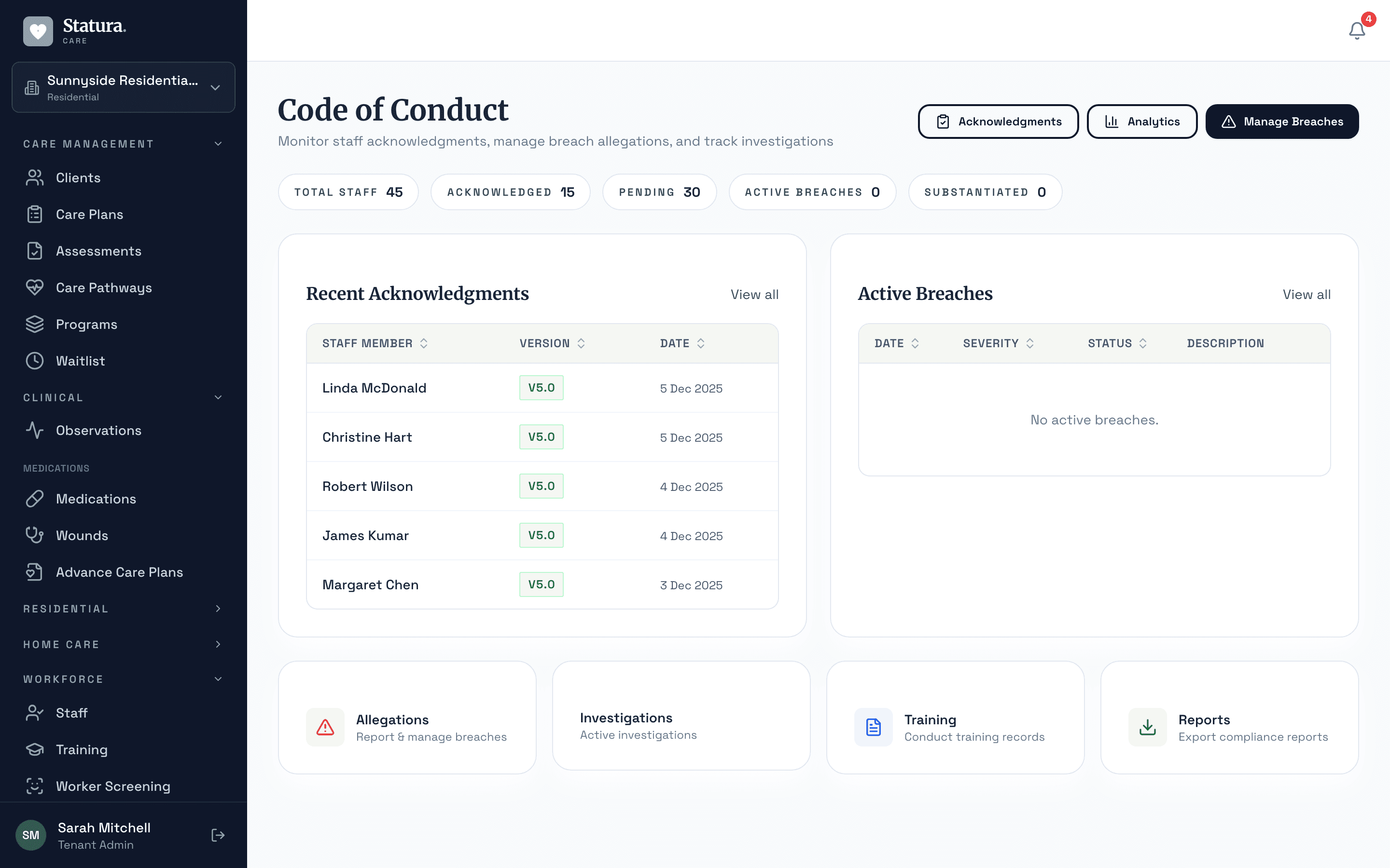 Code of conduct tracking with staff acknowledgements, breach investigations, and version management