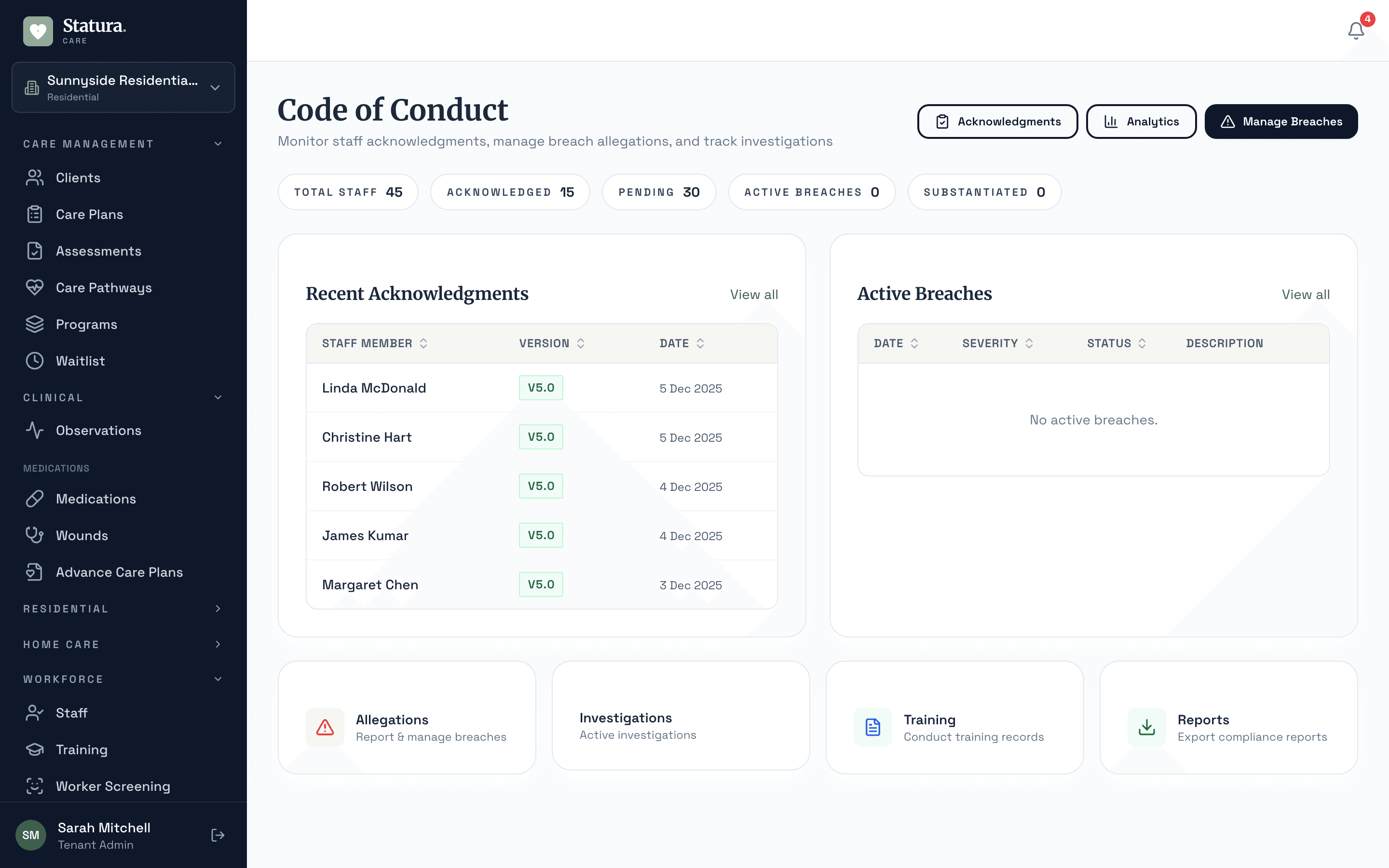 Code of conduct tracking with staff acknowledgements, breach investigations, and version management