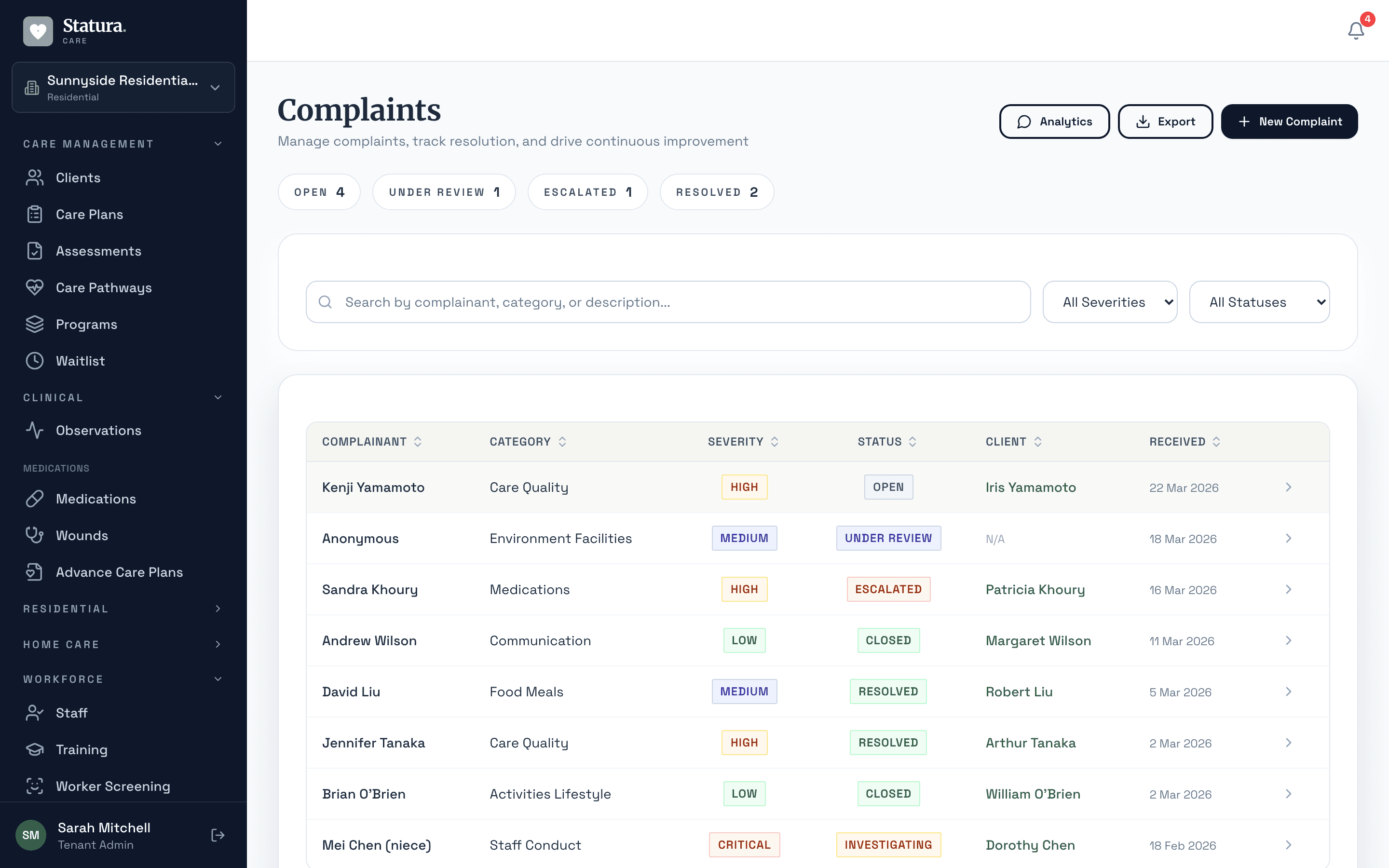 Complaints management with severity levels, investigation status, and resolution tracking