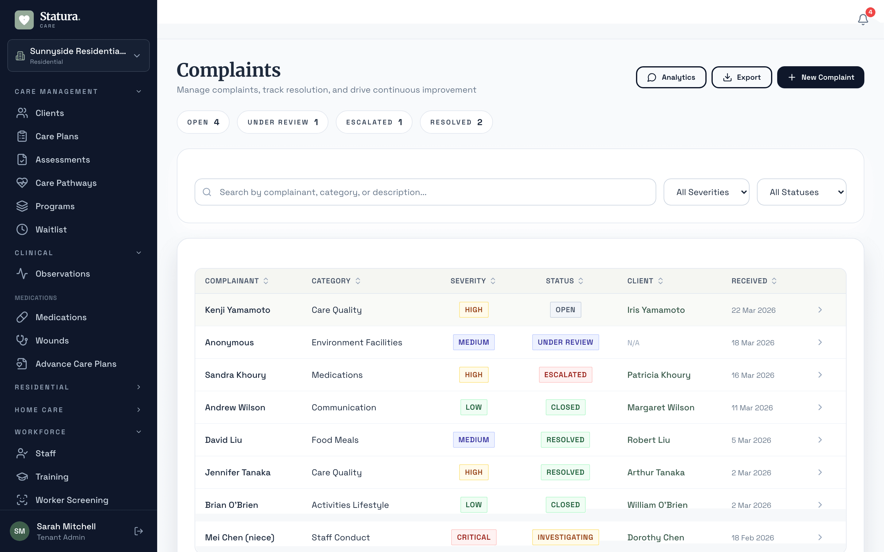 Complaints management with severity levels, investigation status, and resolution tracking