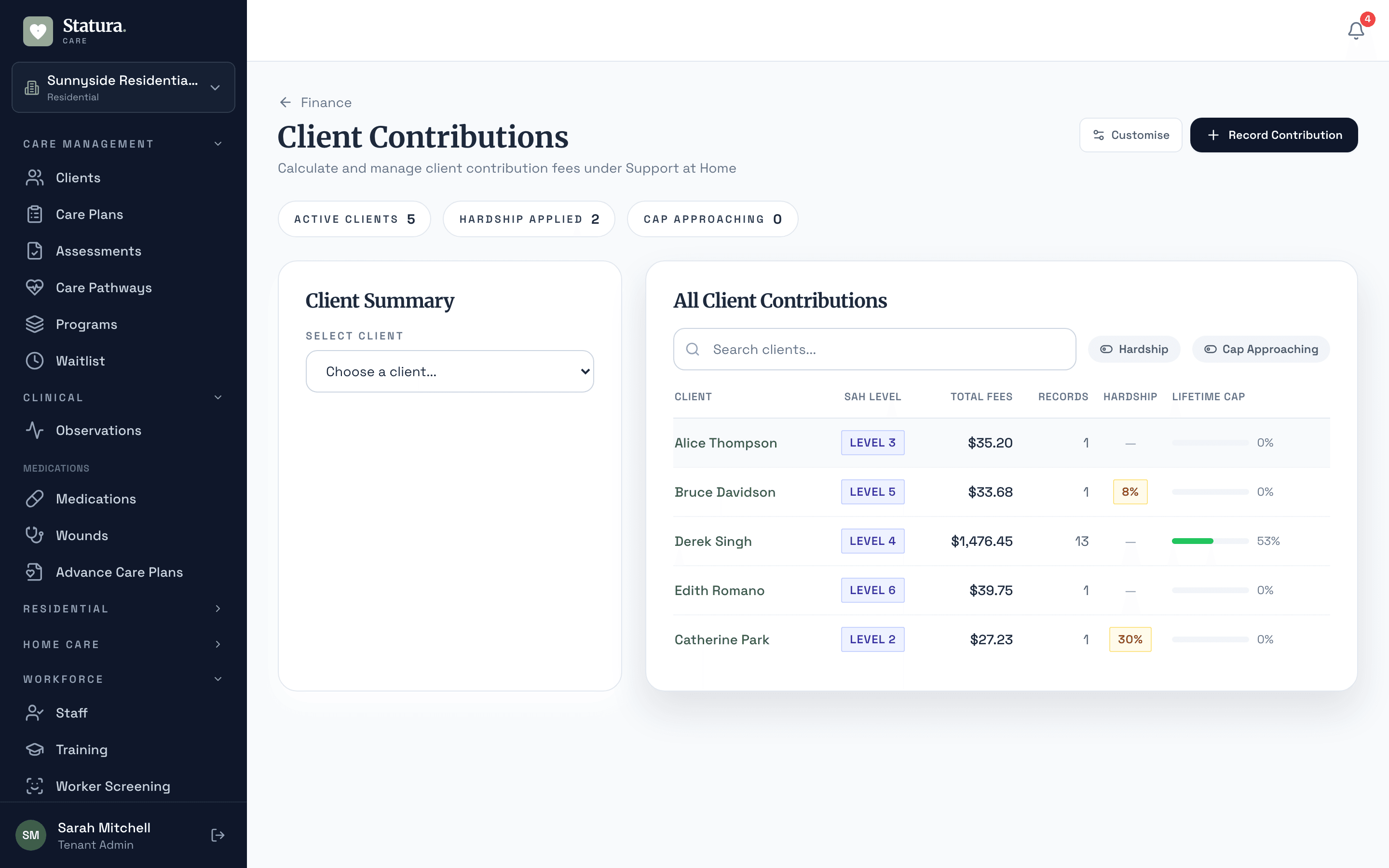 Client contributions with SAH levels, daily fees, hardship provisions, and lifetime cap tracking