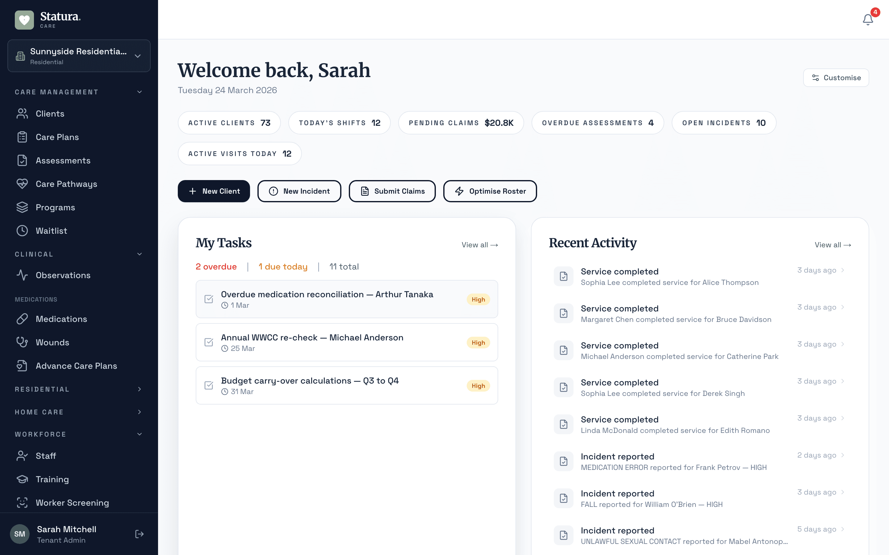 Statura Care operating dashboard with compliance, incidents, roster and budget alerts