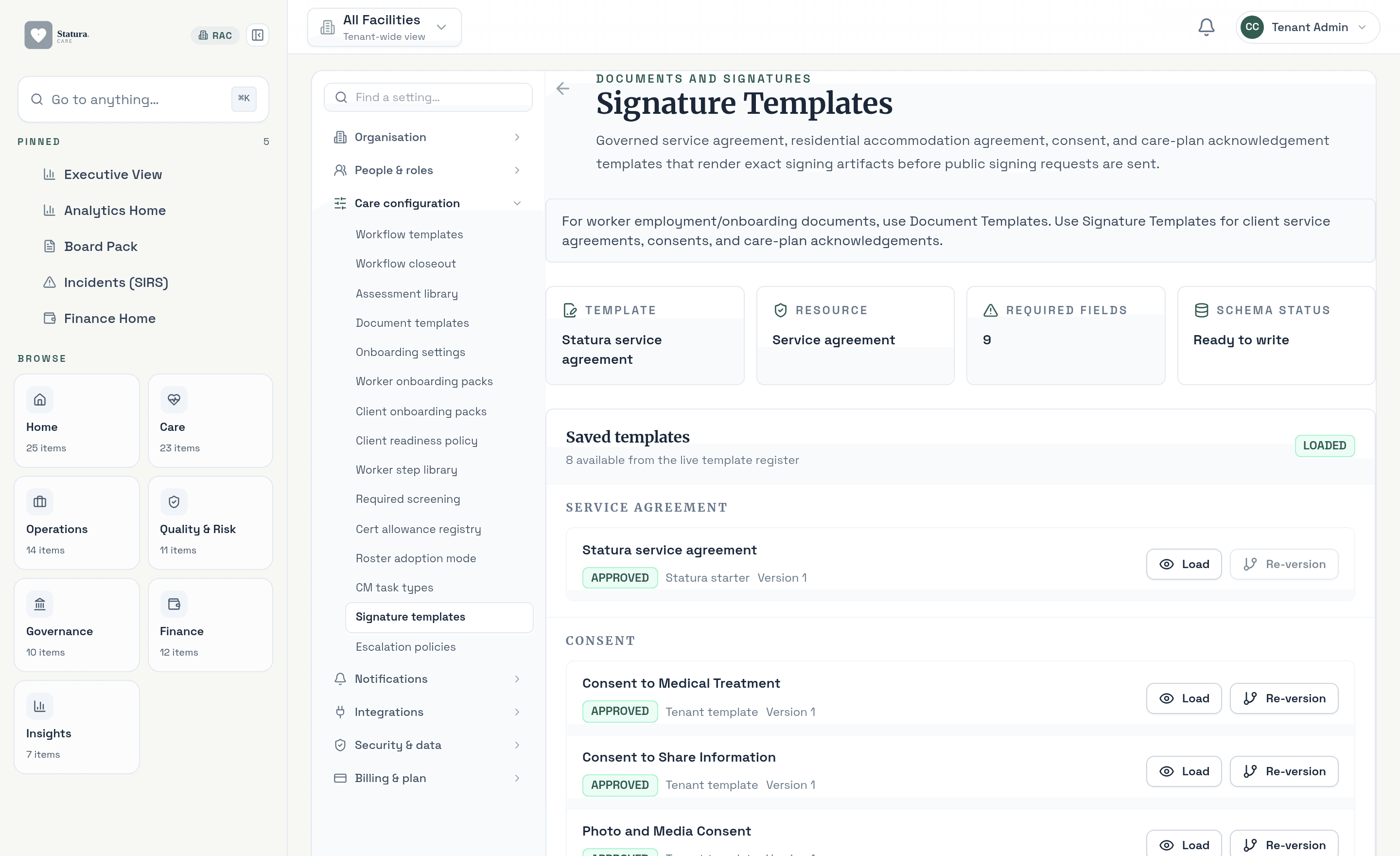 Signature template register showing approved, versioned service agreement and consent templates