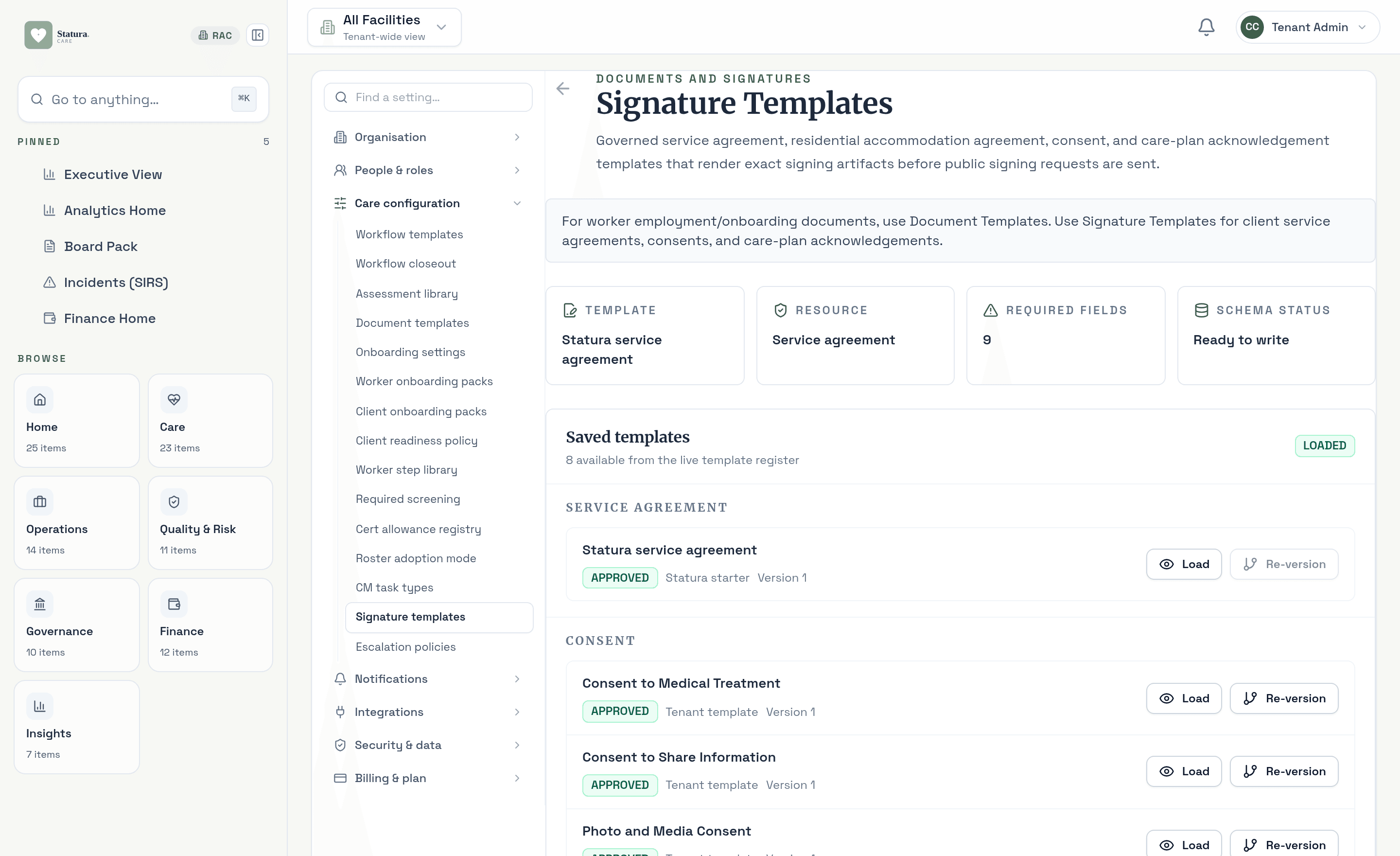 Governed signature template register with approved, versioned agreements and consents