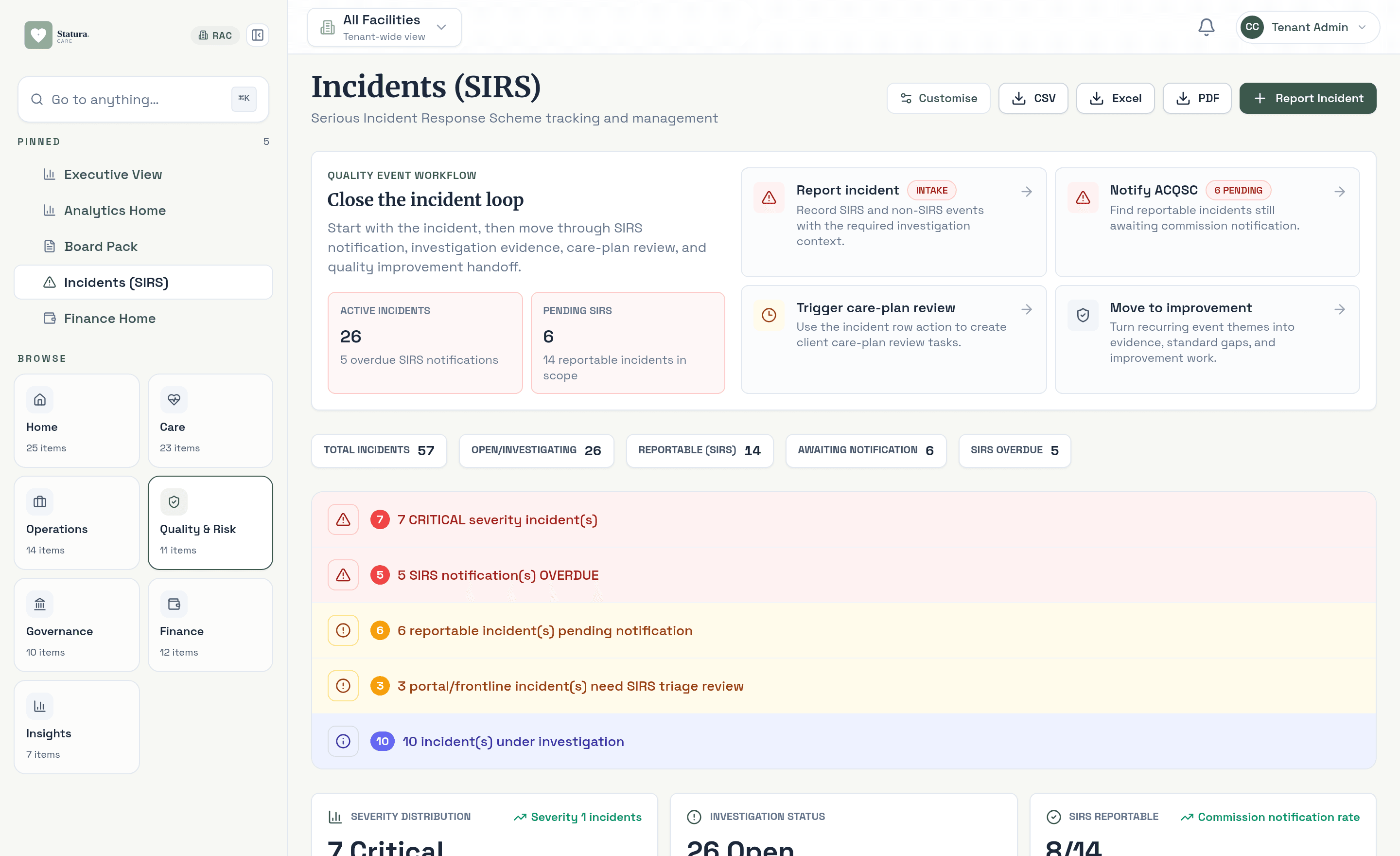 SIRS incident management workflow inside Statura Care
