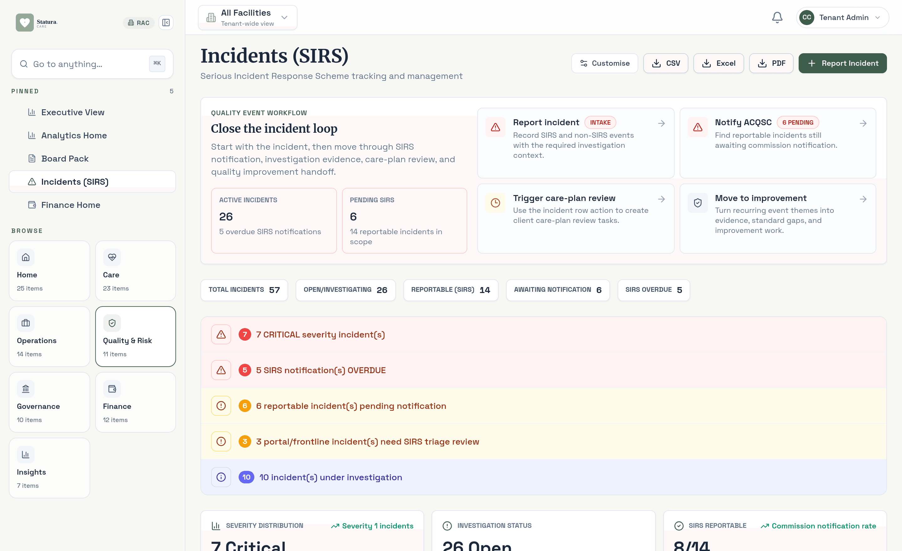 SIRS incident detail with a 24-hour countdown to ACQSC notification and Strengthened Standards mapping