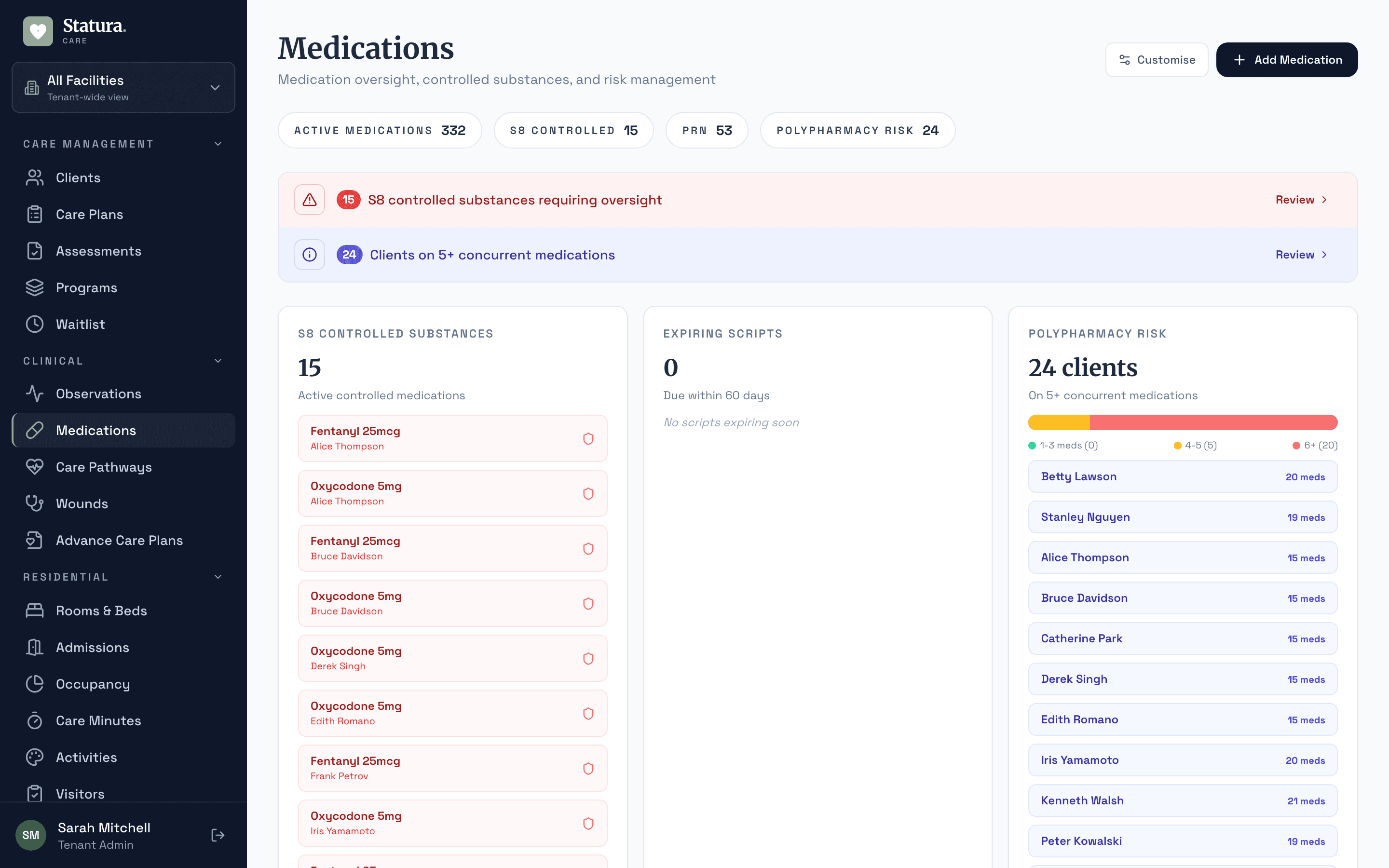 Medication oversight showing S8 controlled substances, polypharmacy risk, and expiring scripts