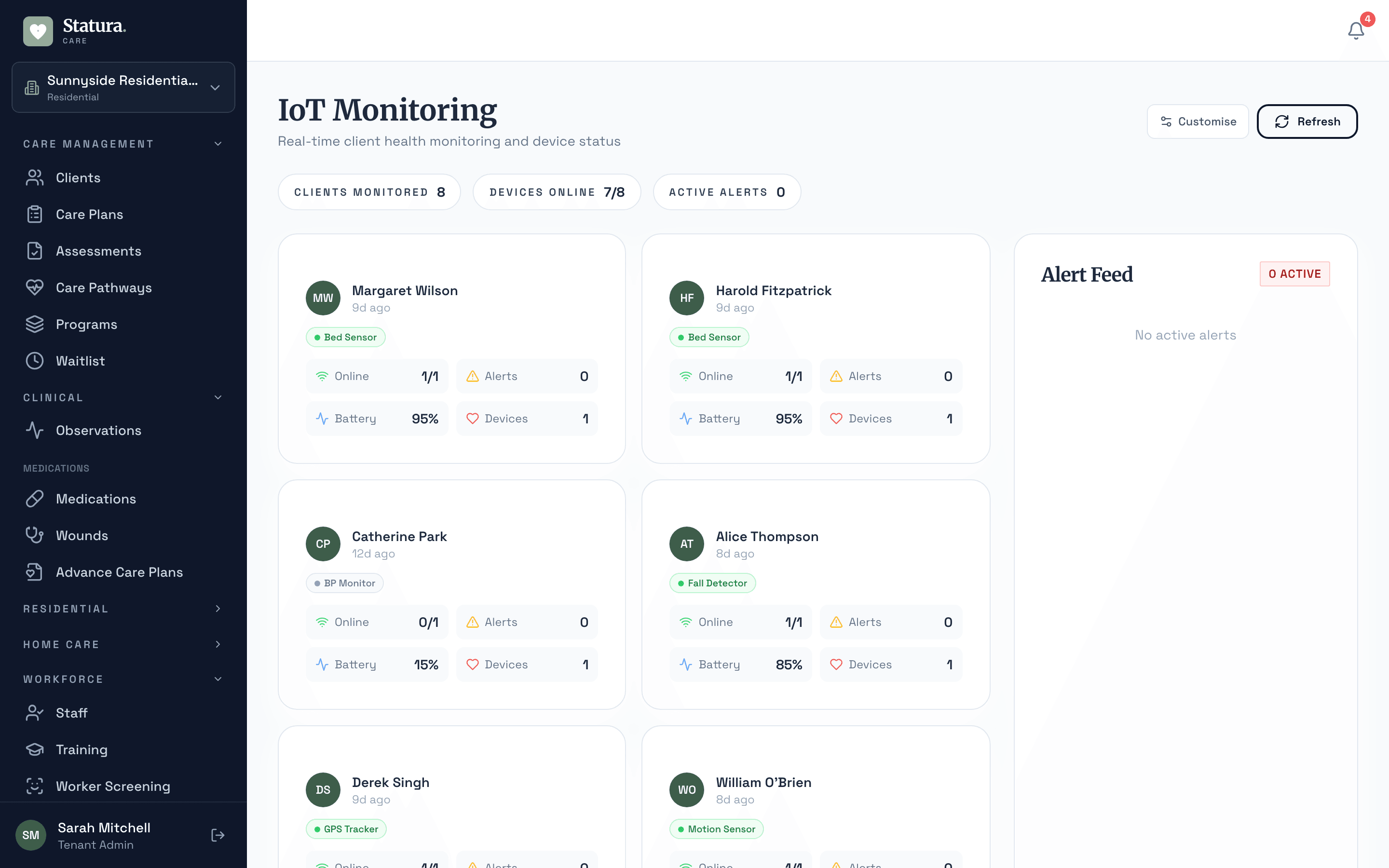 IoT monitoring dashboard with client device cards, battery status, and alert feed