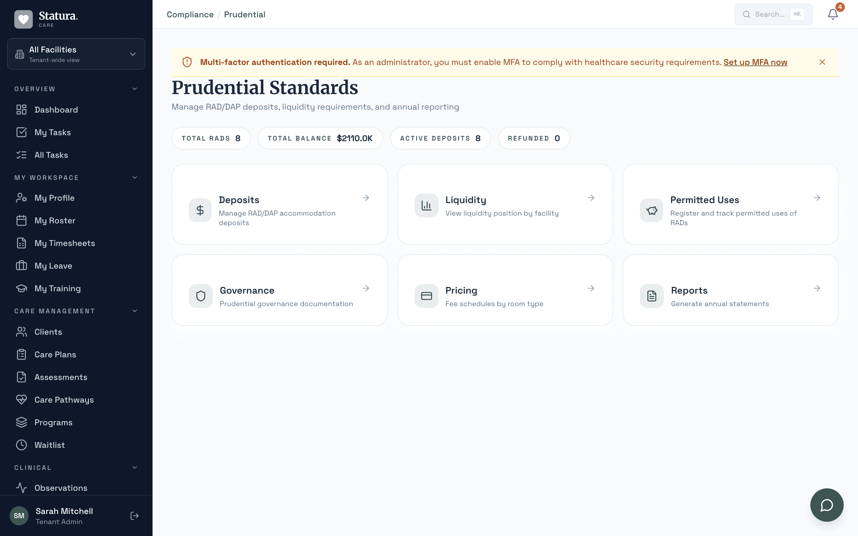 Financial and Prudential Standards dashboard with refundable deposits, liquidity position, permitted uses, governance, and pricing cards