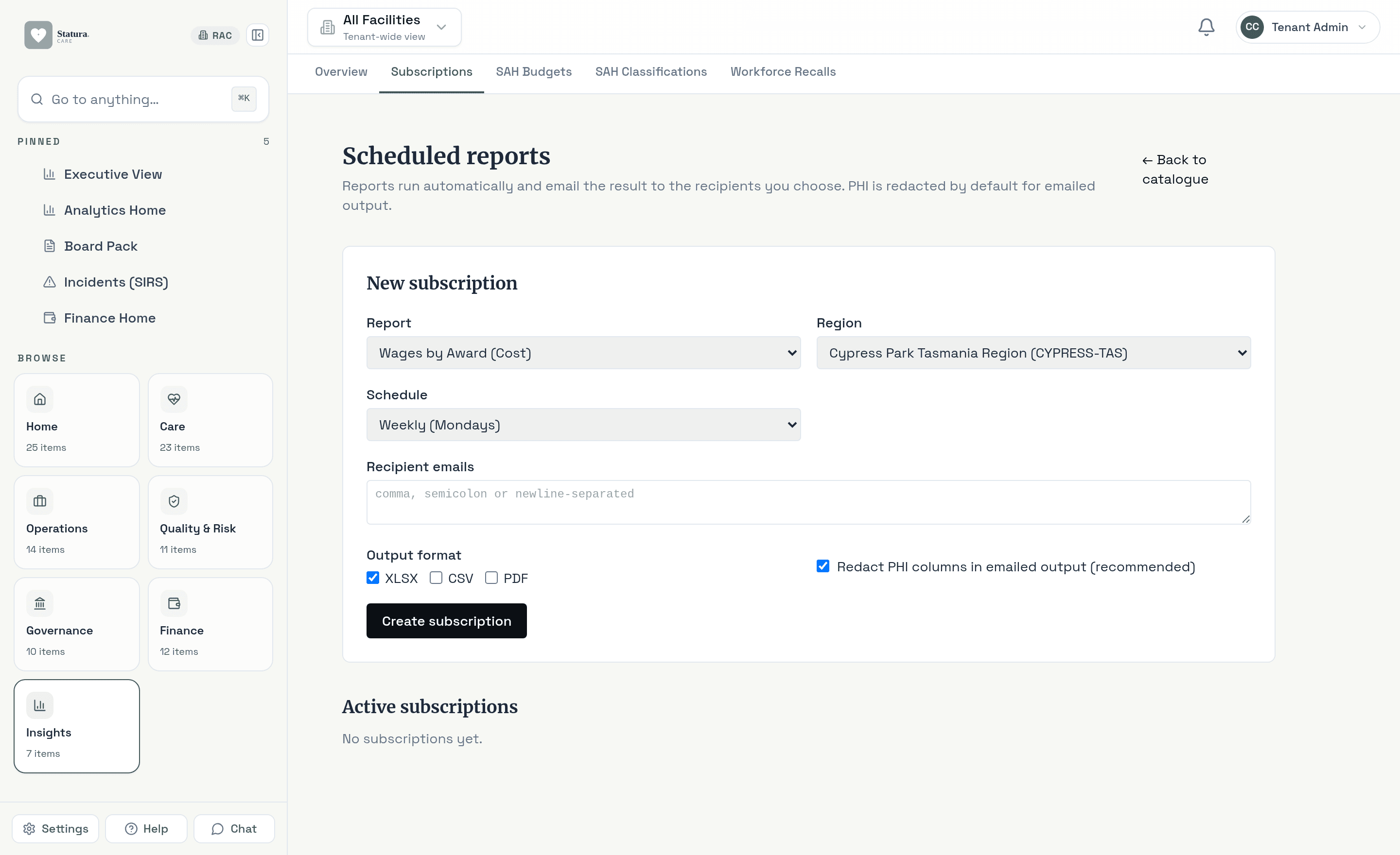 Scheduled report subscriptions dispatching CSV, XLSX and PDF reports to recipients