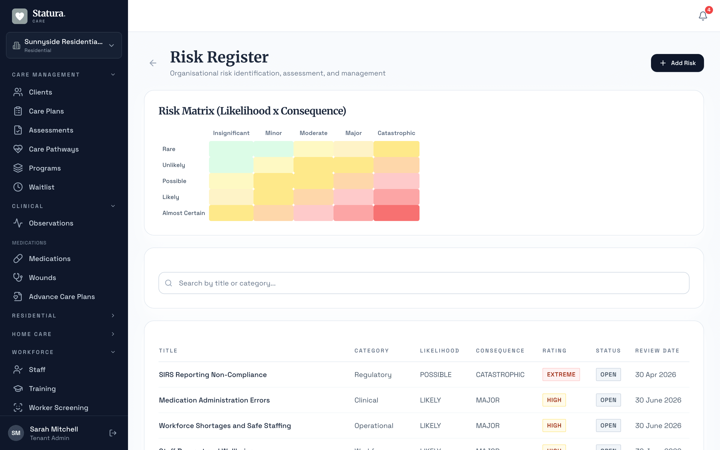 Risk register with 5x5 likelihood-consequence matrix, colour-coded risk ratings, and category tracking