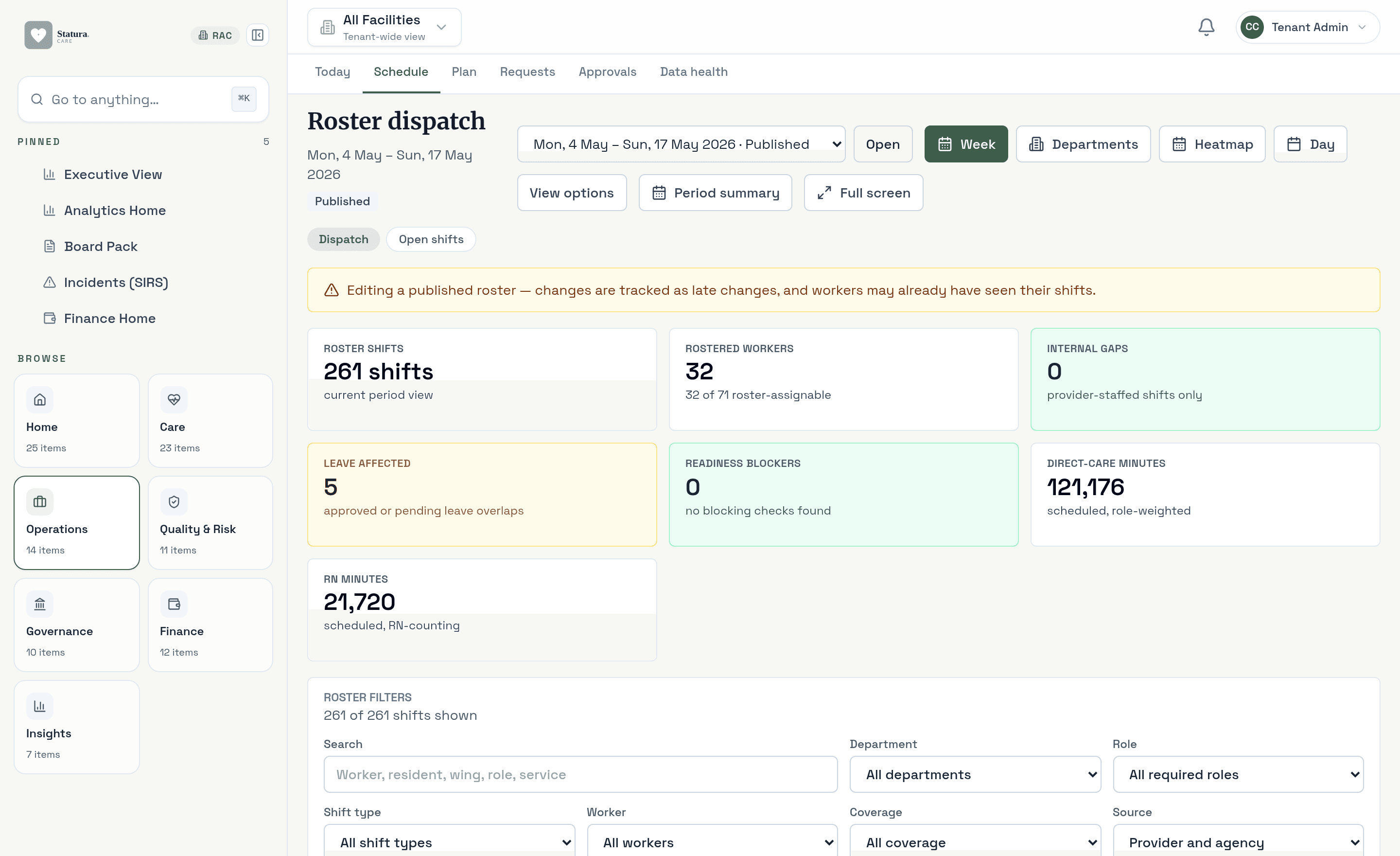 Weekly roster grid with live care-minutes calculation and broadcast-and-bid for unfilled shifts