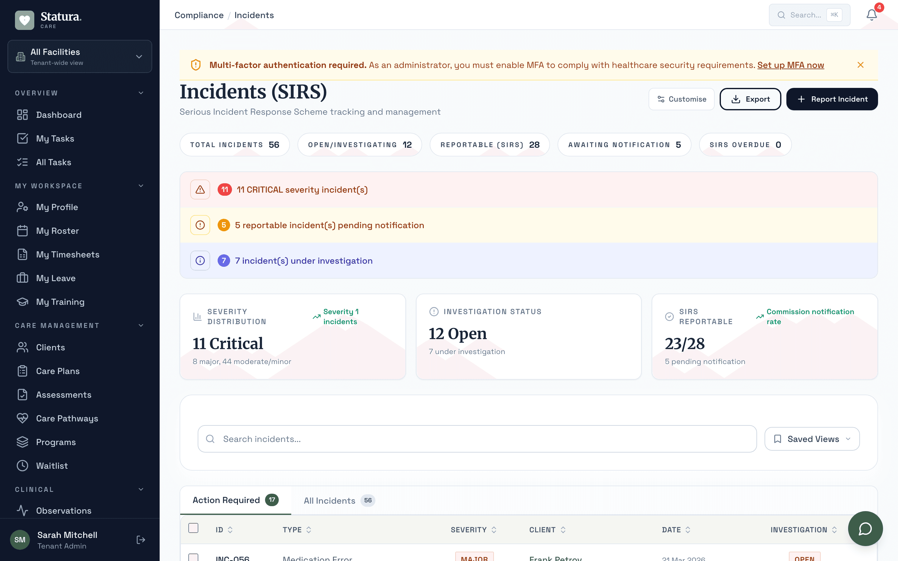 SIRS incident management dashboard showing priority classification, investigation status, overdue notifications, and reportable incident tracking
