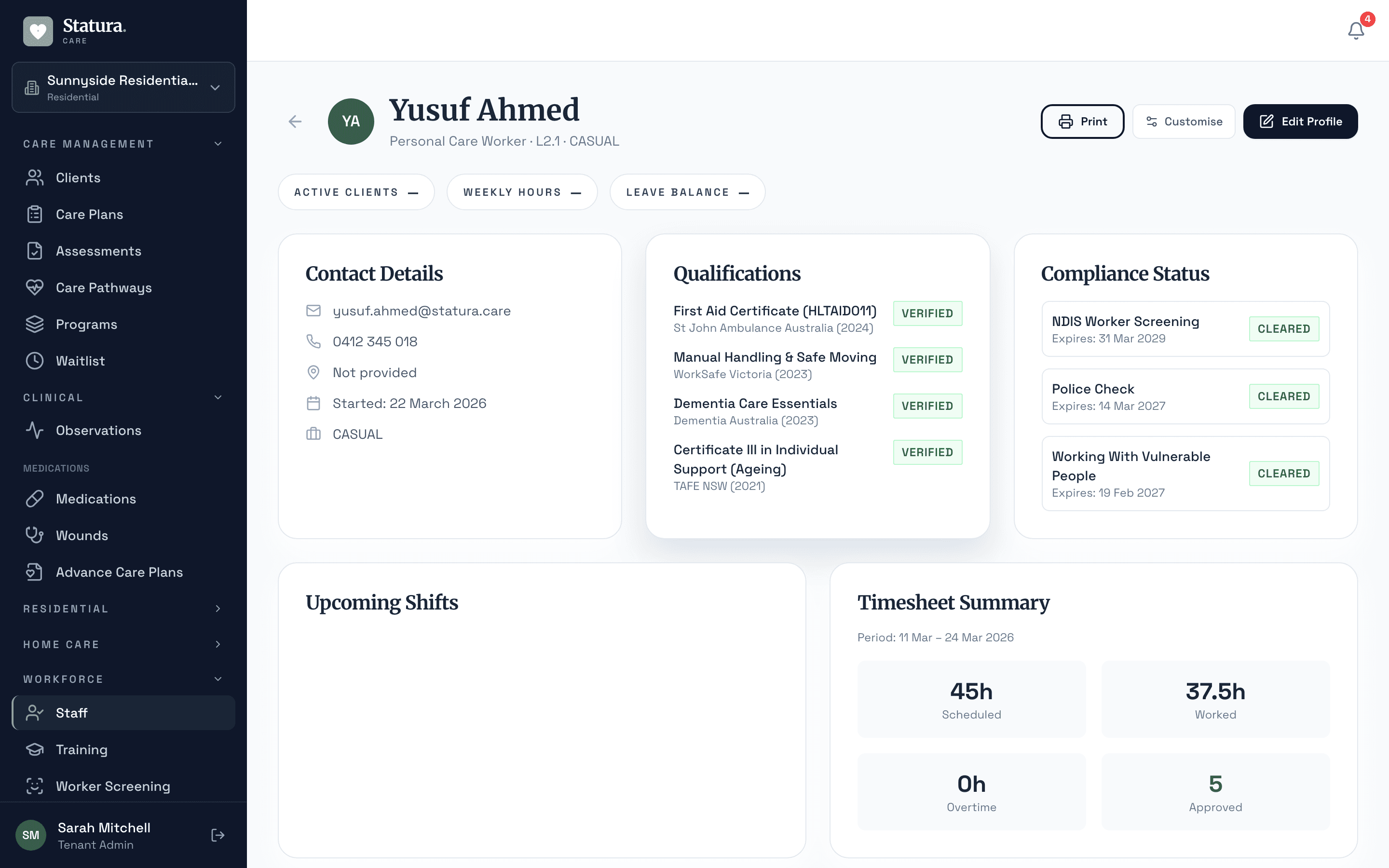 Staff profile with qualifications, compliance screening status, and timesheet summary