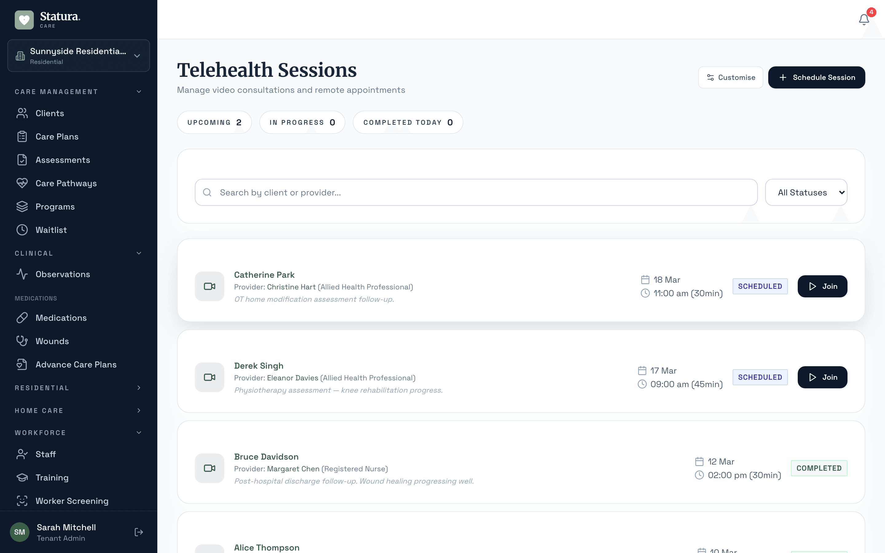 Telehealth sessions with scheduling, provider details, and join functionality