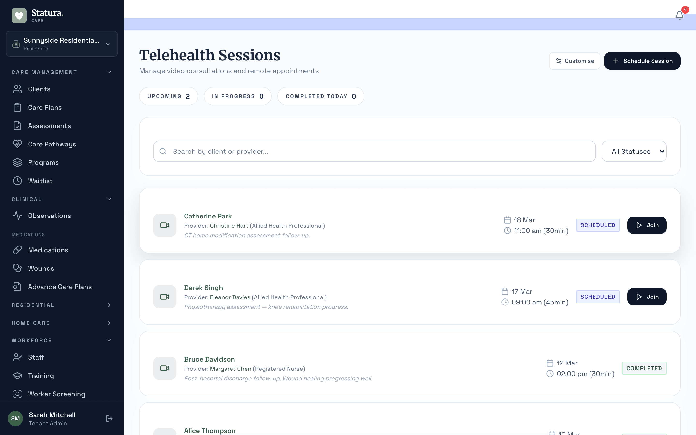 Telehealth session screen linked to a resident's care plan, with session summary and clinical notes alongside the video consult