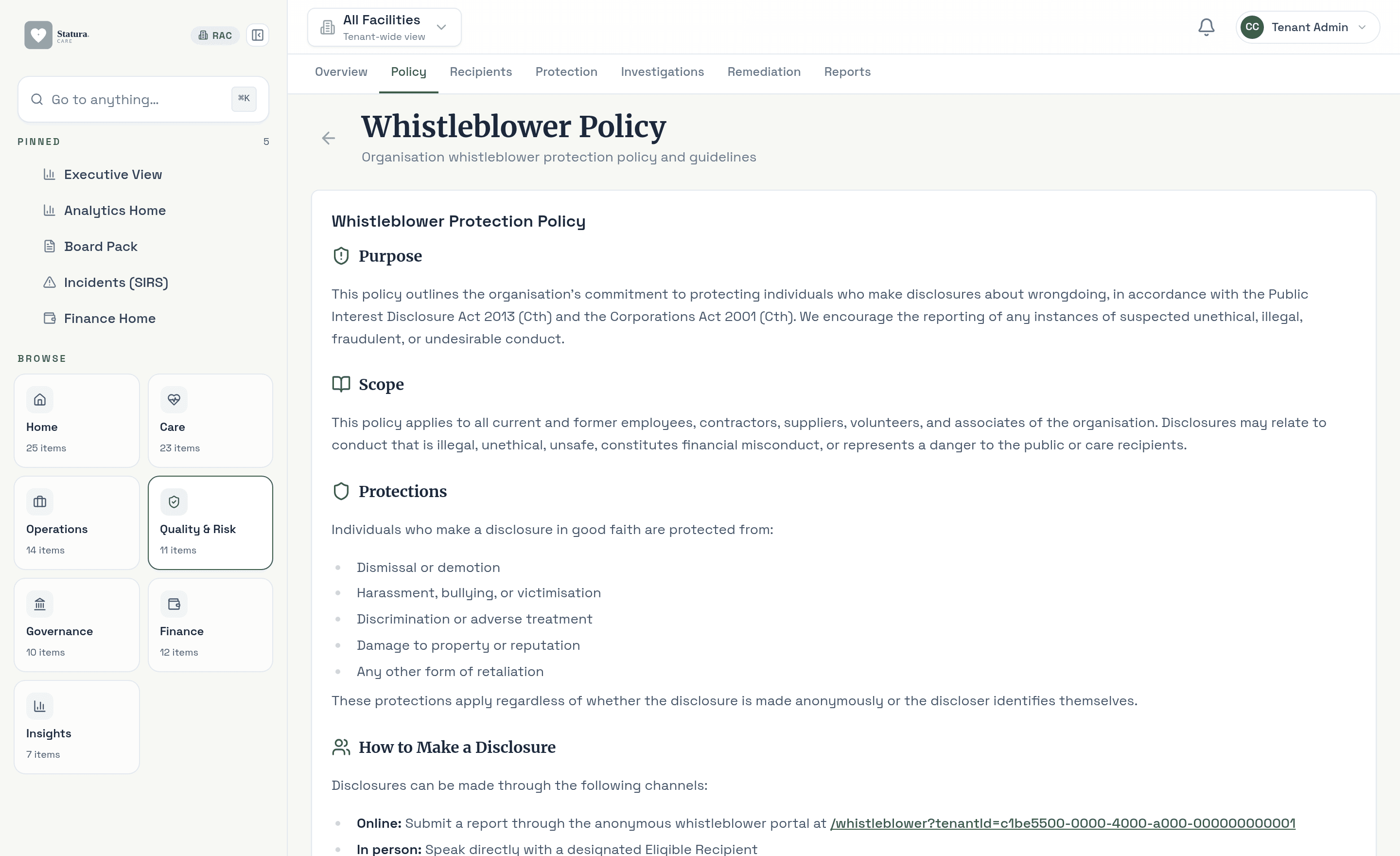Whistleblower protection policy with statutory protections and disclosure channels