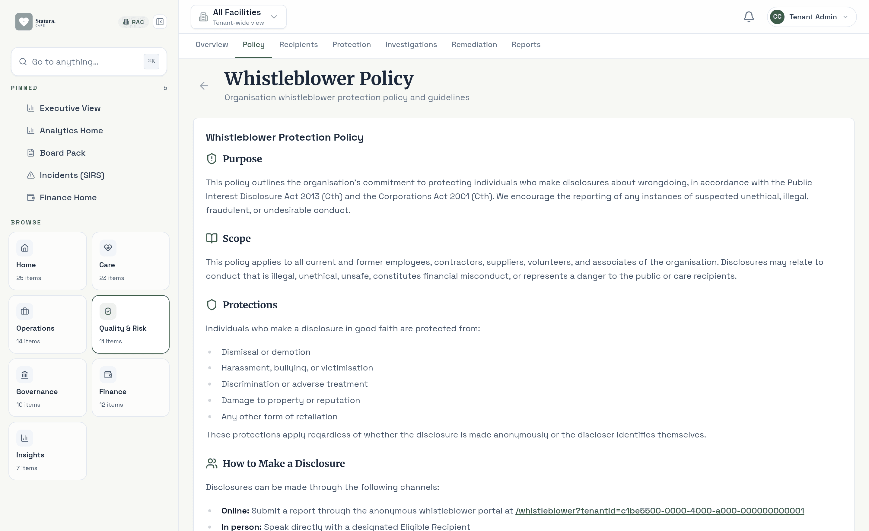 Whistleblower protection policy with statutory protections and confidential disclosure channels