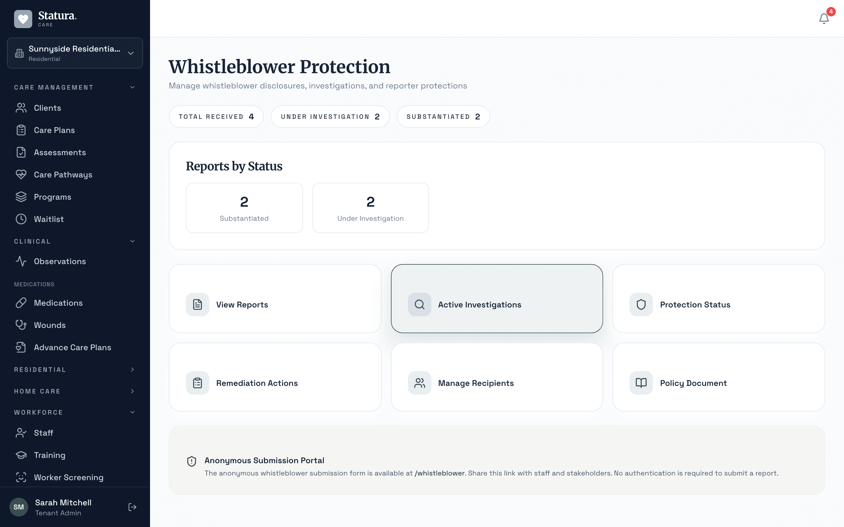Whistleblower protection hub with anonymous submission portal and investigation management