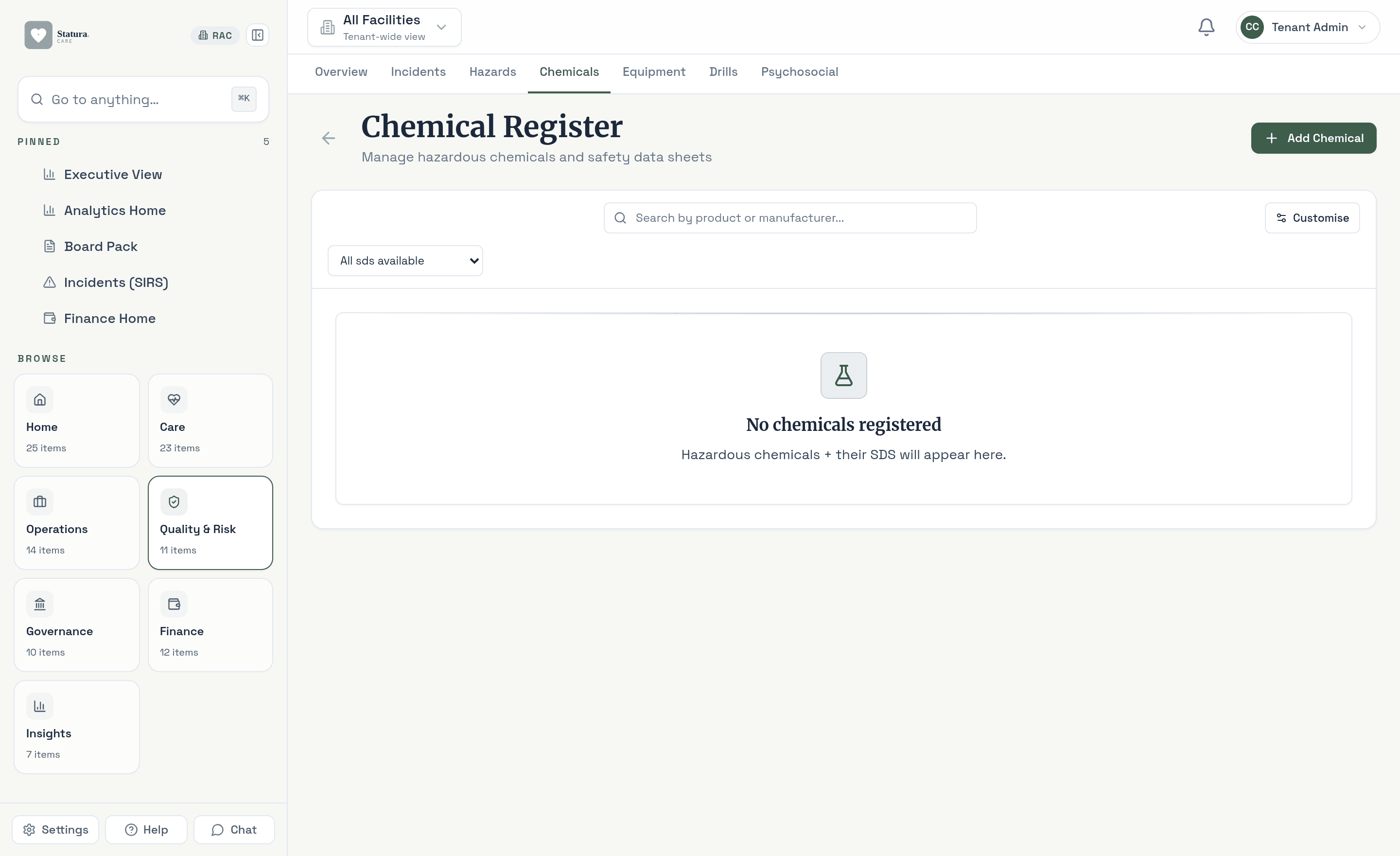 Chemical register with safety data sheets and hazardous substance storage