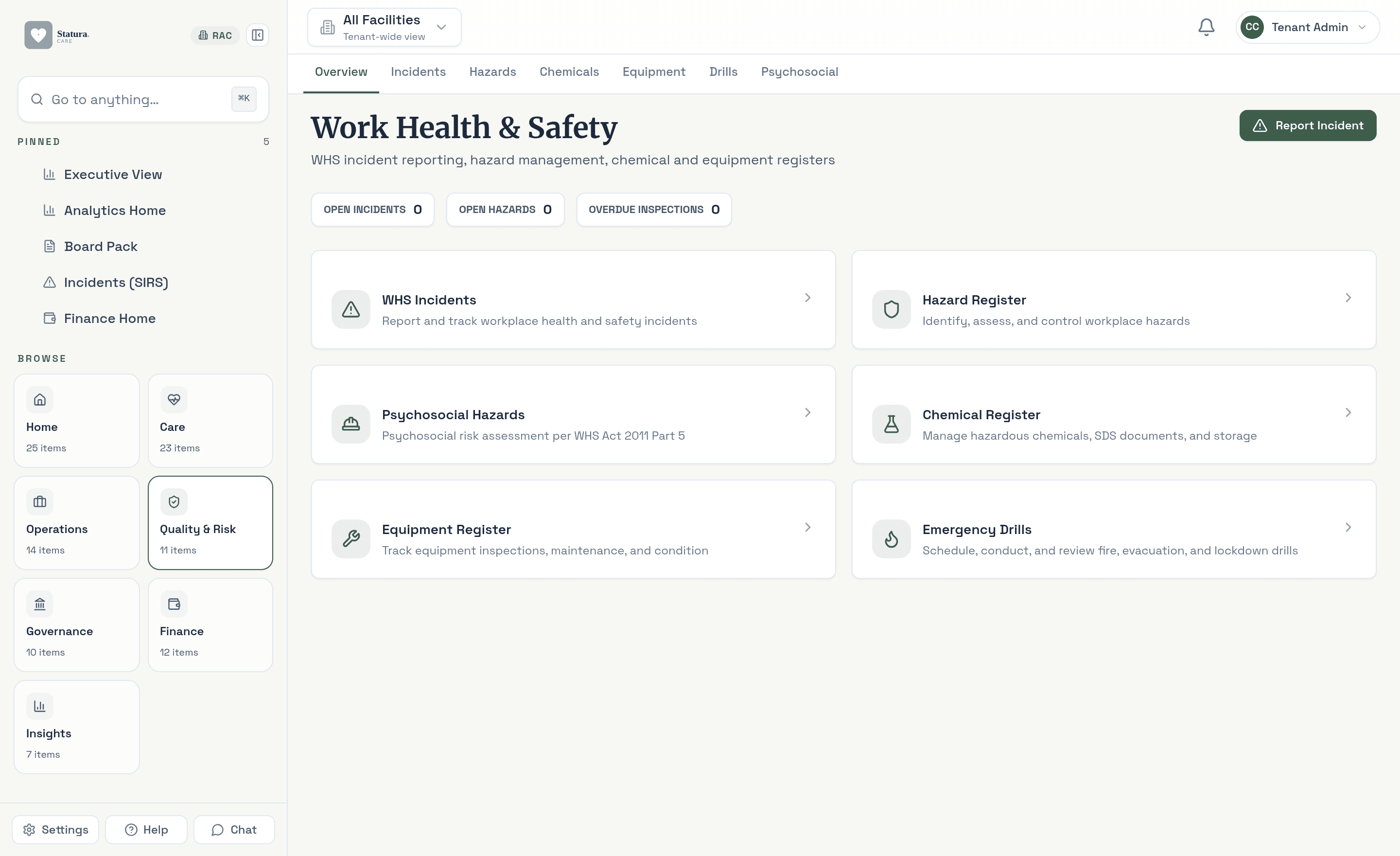Work Health & Safety overview with incident, hazard, chemical and equipment registers