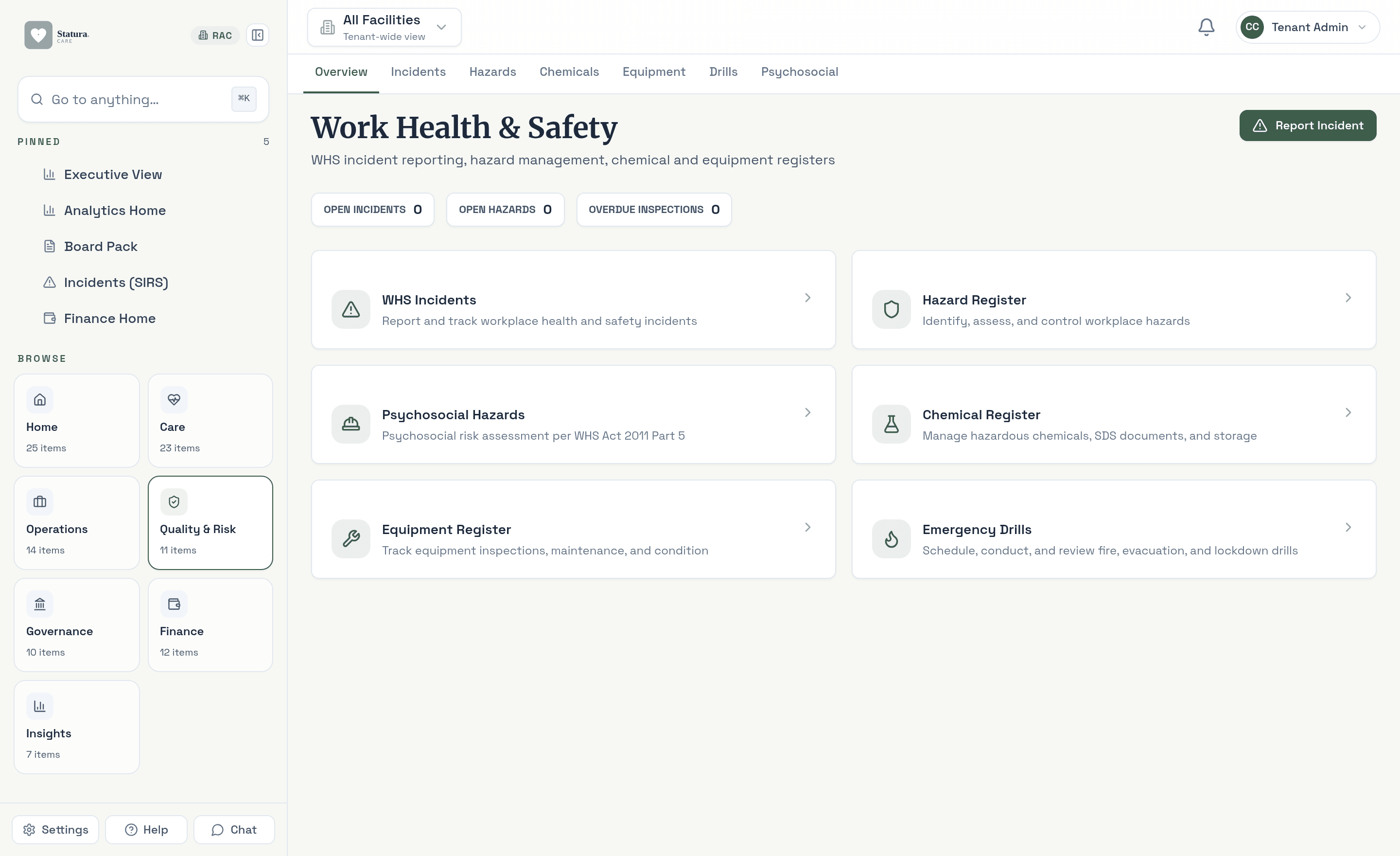 Work Health & Safety overview with incident, hazard, chemical and equipment registers
